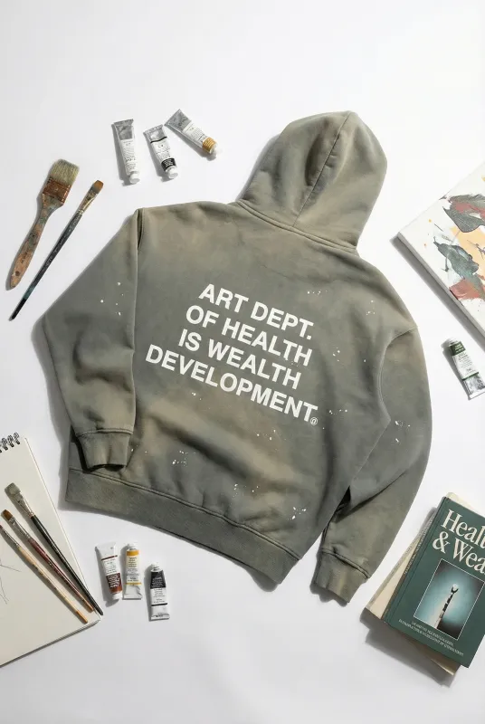 Health is Wealth Distressed Hoodie in Moon Grey made by Petals and Peacocks