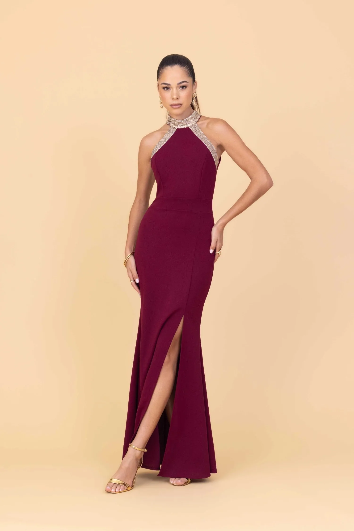 SABRINA Wine Maxi Dress with Gold Sequins sold by WalG product image thumbnail 3
