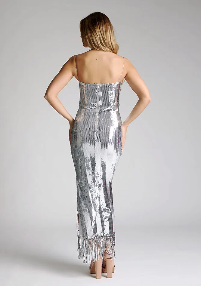 Vesper Melody cami strap sequin midaxi dress in silver sold by Vesper product image thumbnail 4