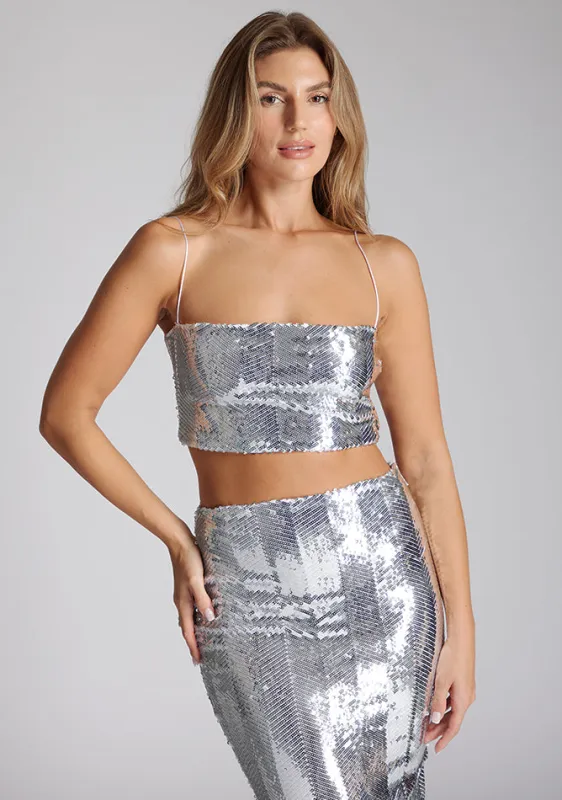 Vesper Austin sequin cami strap crop top in silver made by Vesper