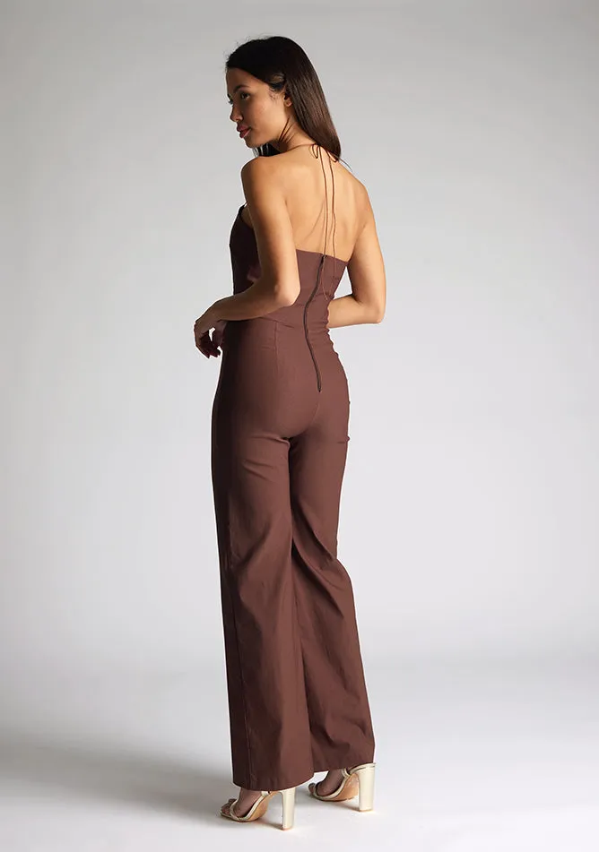 Vesper Cassidy halterneck wide leg jumpsuit in chocolate sold by Vesper product image thumbnail 3