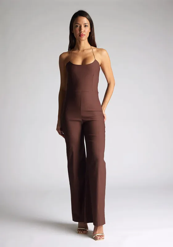 Vesper Cassidy halterneck wide leg jumpsuit in chocolate made by Vesper