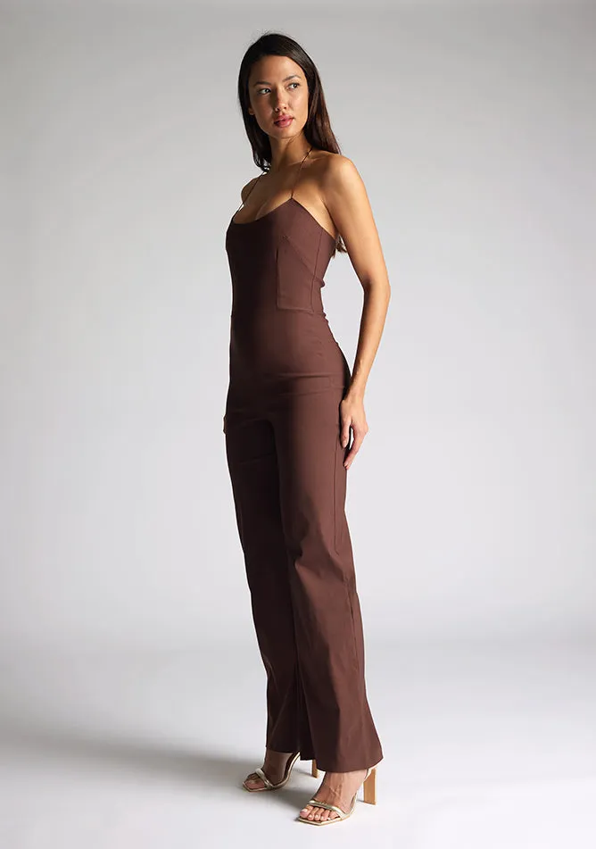 Vesper Cassidy halterneck wide leg jumpsuit in chocolate sold by Vesper product image thumbnail 2