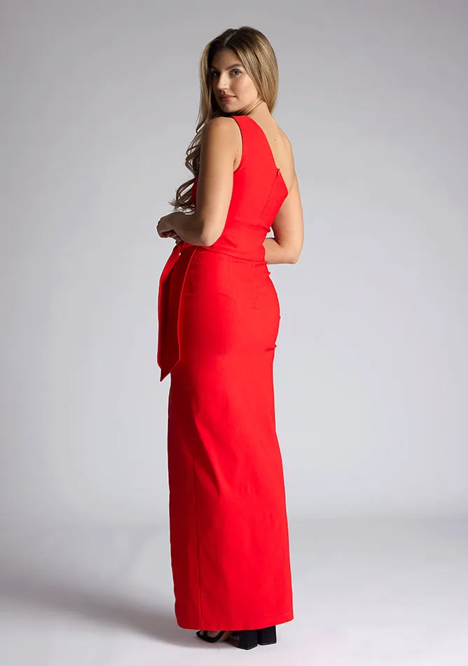 Vesper Lisbeth one shoulder maxi dress with thigh split in red sold by Vesper product image thumbnail 3
