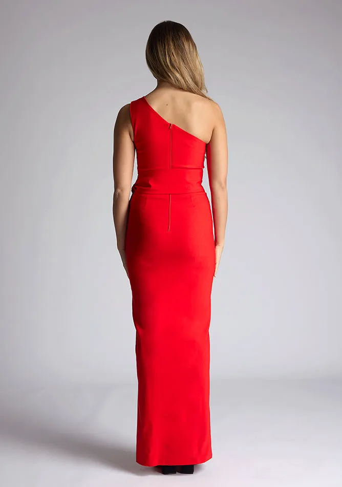 Vesper Lisbeth one shoulder maxi dress with thigh split in red sold by Vesper product image thumbnail 4