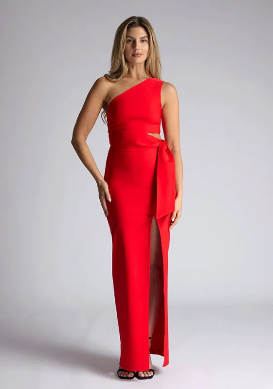 Vesper Lisbeth one shoulder maxi dress with thigh split in red made by Vesper