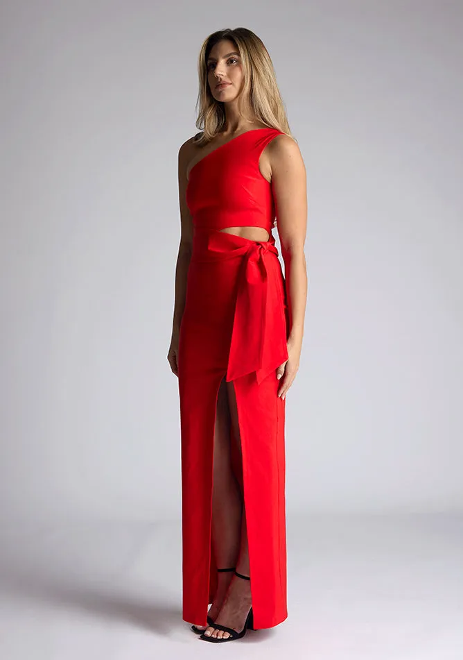 Vesper Lisbeth one shoulder maxi dress with thigh split in red sold by Vesper product image thumbnail 2