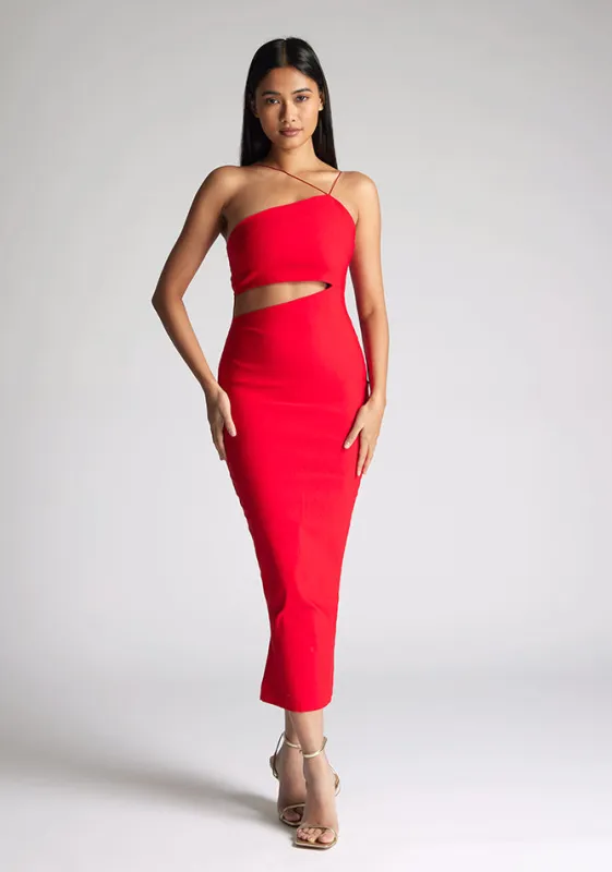 Vesper Whitney strappy one shoulder cut out midaxi dress in red made by Vesper