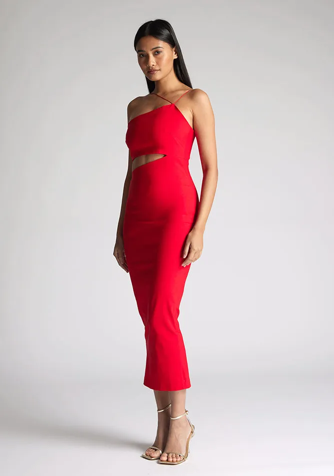 Vesper Whitney strappy one shoulder cut out midaxi dress in red sold by Vesper product image thumbnail 2