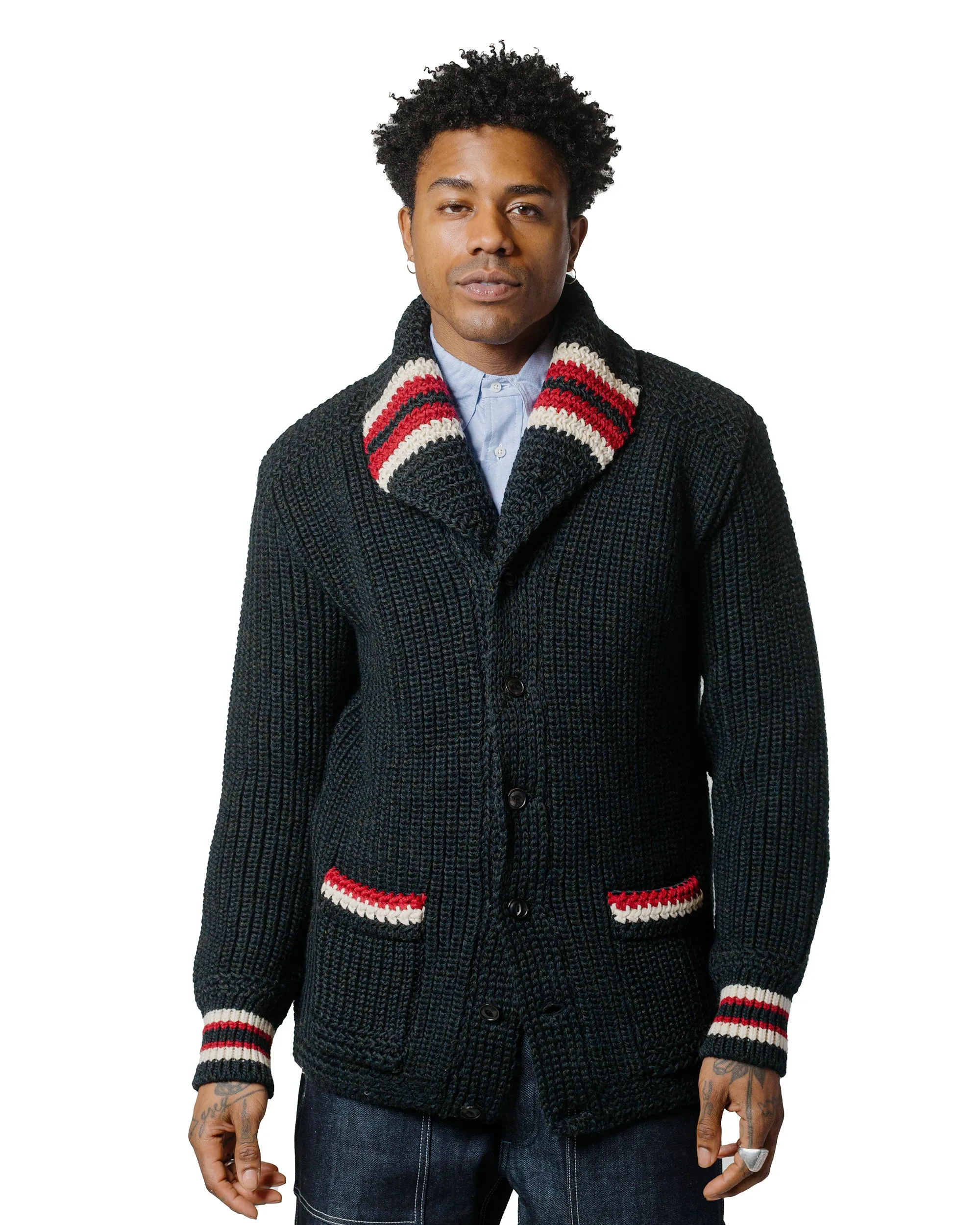 The Real McCoy's MC24111 Striped Shawl Collar Cardigan Charcoal sold by Lost & Found product image thumbnail 2