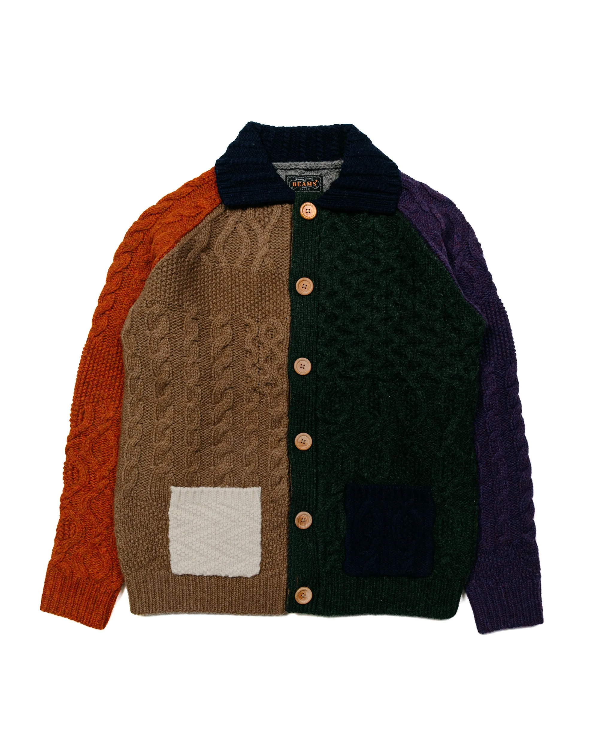 Beams Plus Cardigan Aran Patchwork Multi sold by Lost & Found