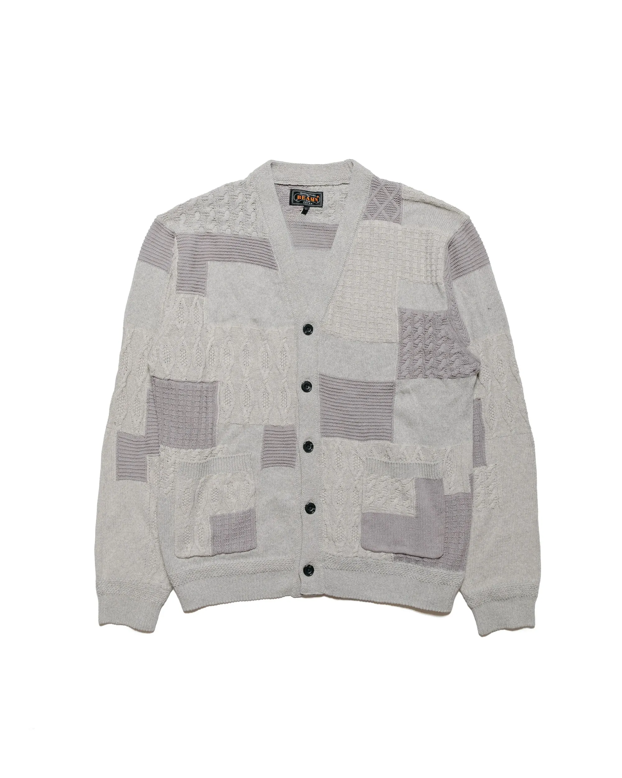 Beams Plus Cardigan Patchwork Like Jacquard Grey sold by Lost & Found