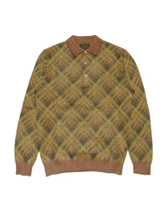 Beams Plus Knit Polo Plaid Brown sold by Lost & Found