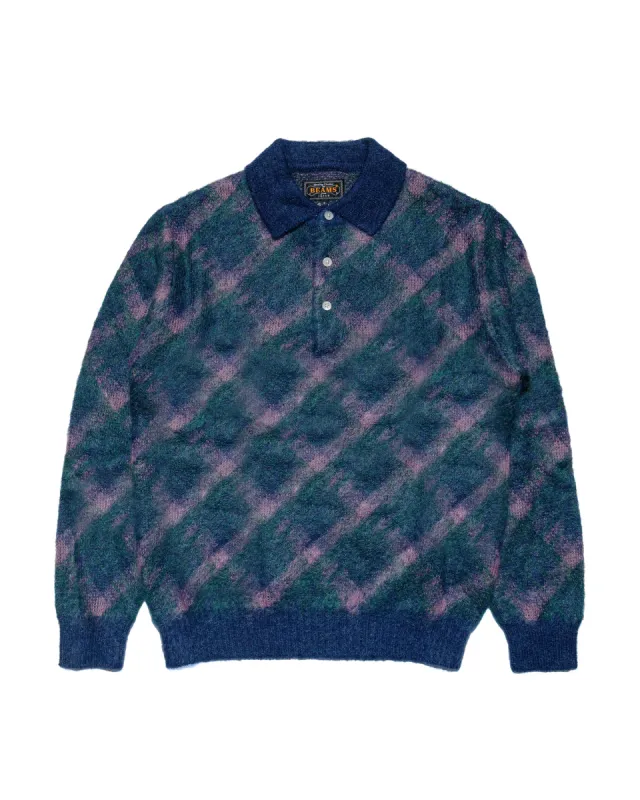 Beams Plus Knit Polo Plaid Navy sold by Lost & Found