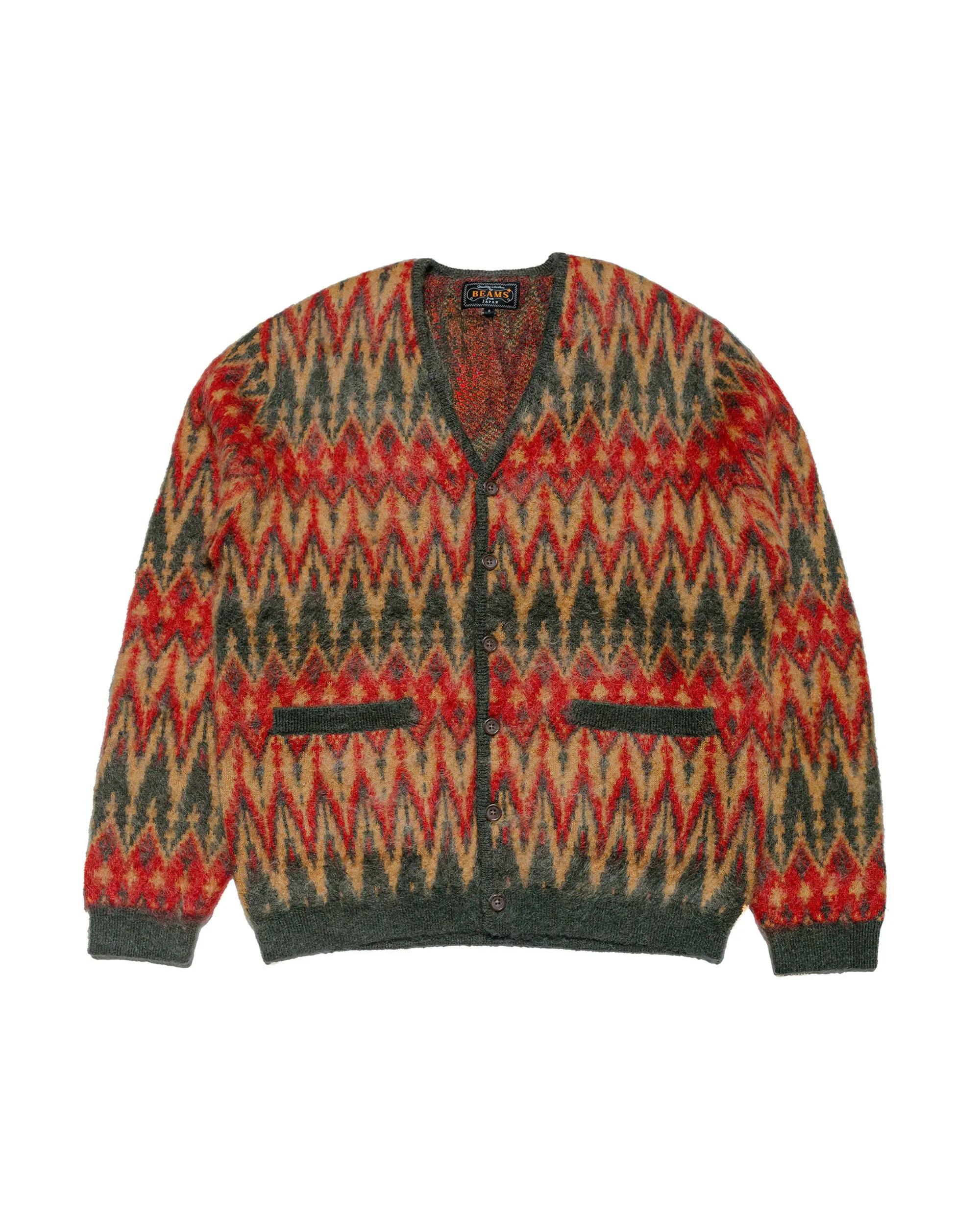 Beams Plus Cardigan Double Jacquard Chevron Pattern Green sold by Lost & Found
