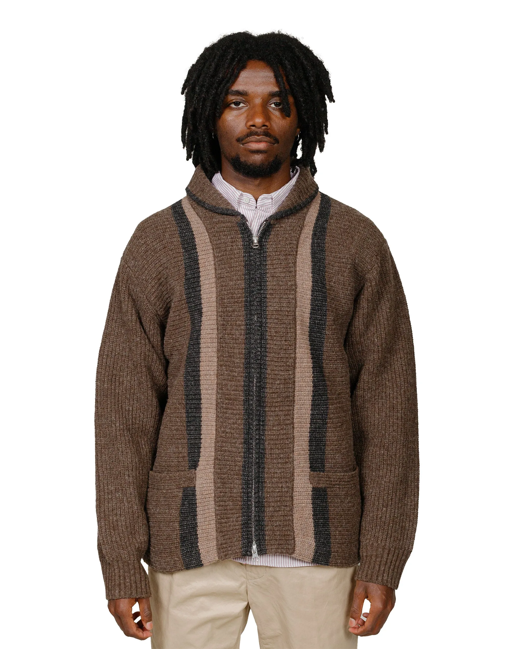 Beams Plus Full Zip Shawl Collar Knit Brown sold by Lost & Found product image thumbnail 2