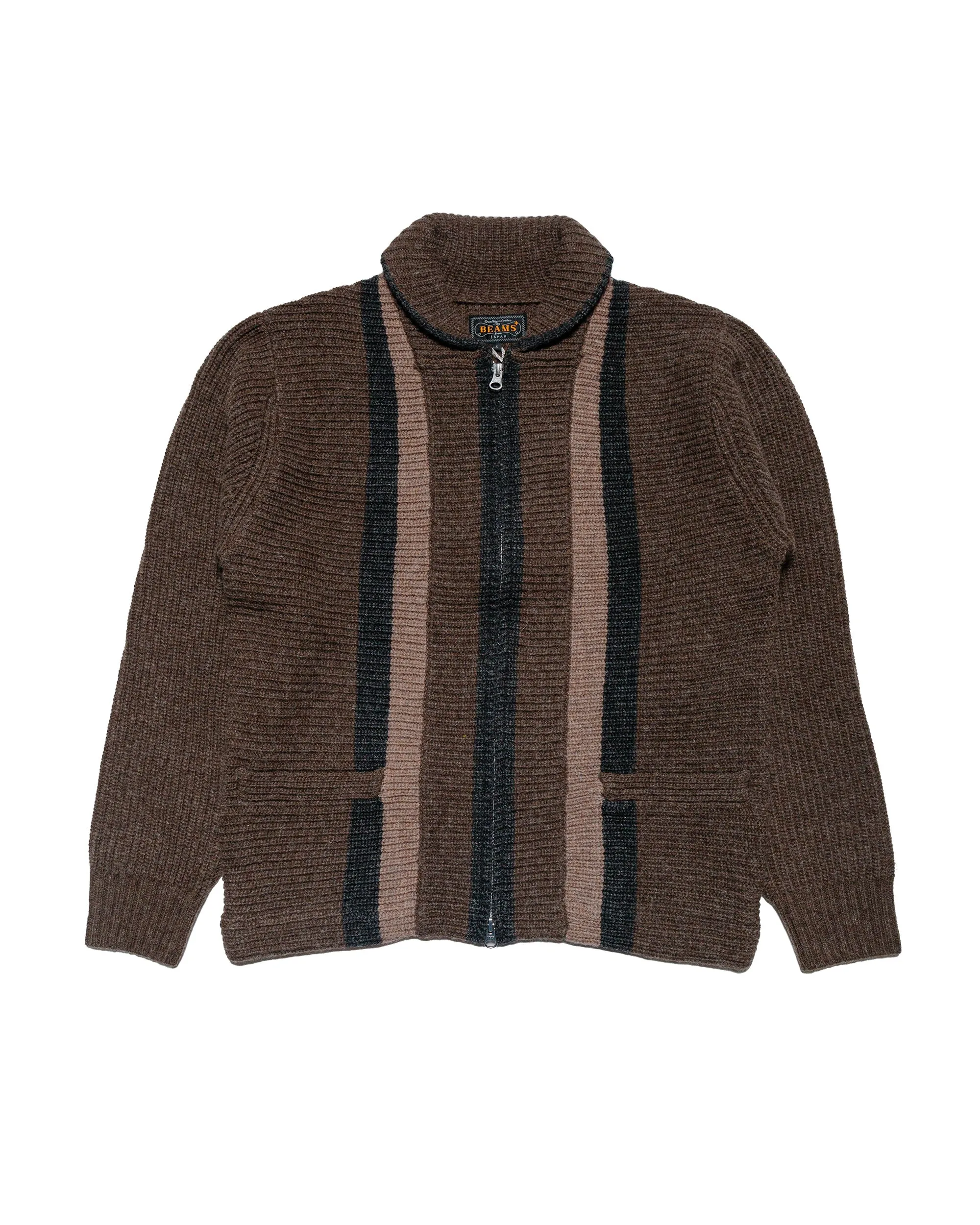 Beams Plus Full Zip Shawl Collar Knit Brown sold by Lost & Found