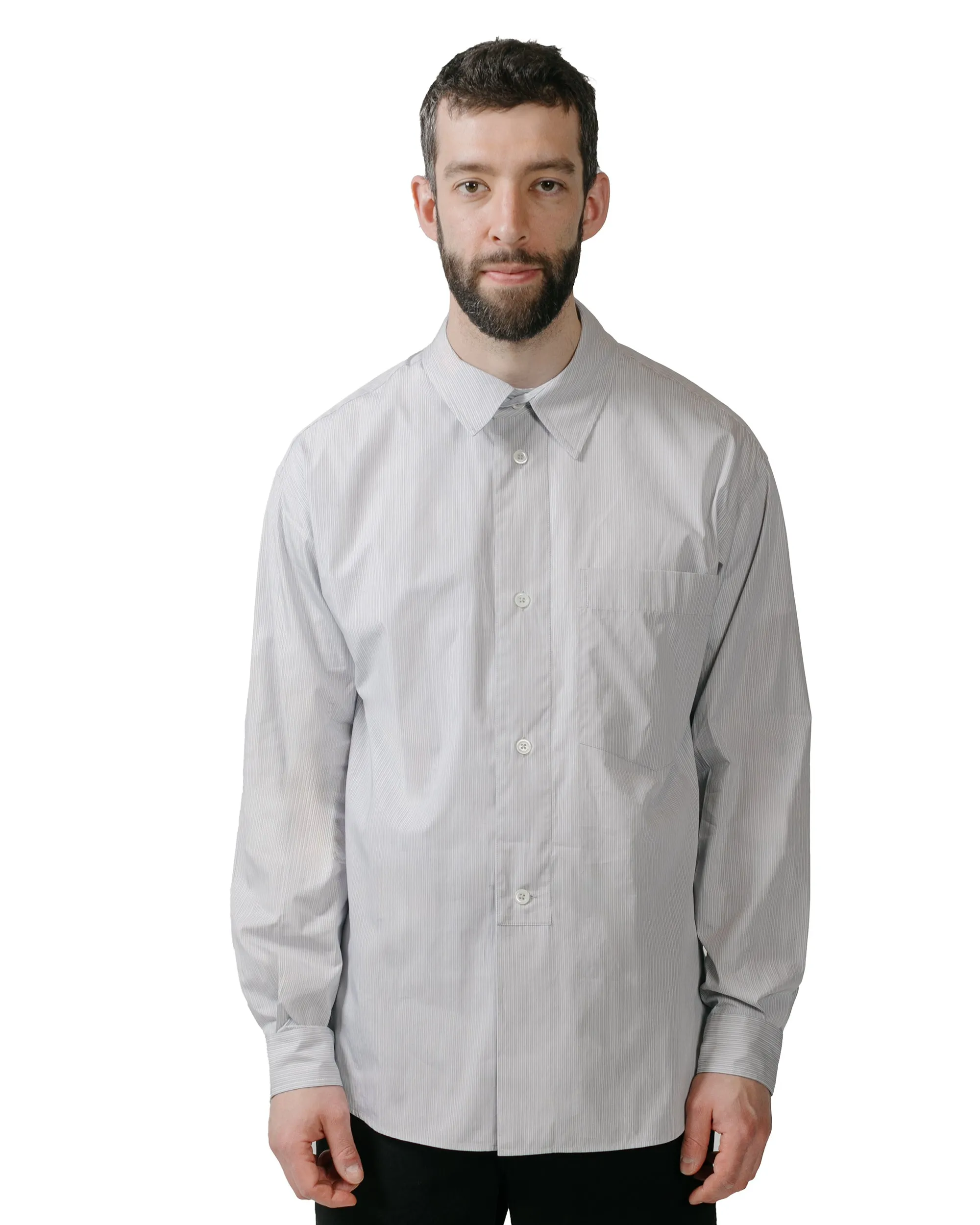 Margaret Howell Half Placket Shirt Fine Stripe Cotton Poplin Grey/White sold by Lost & Found product image thumbnail 2