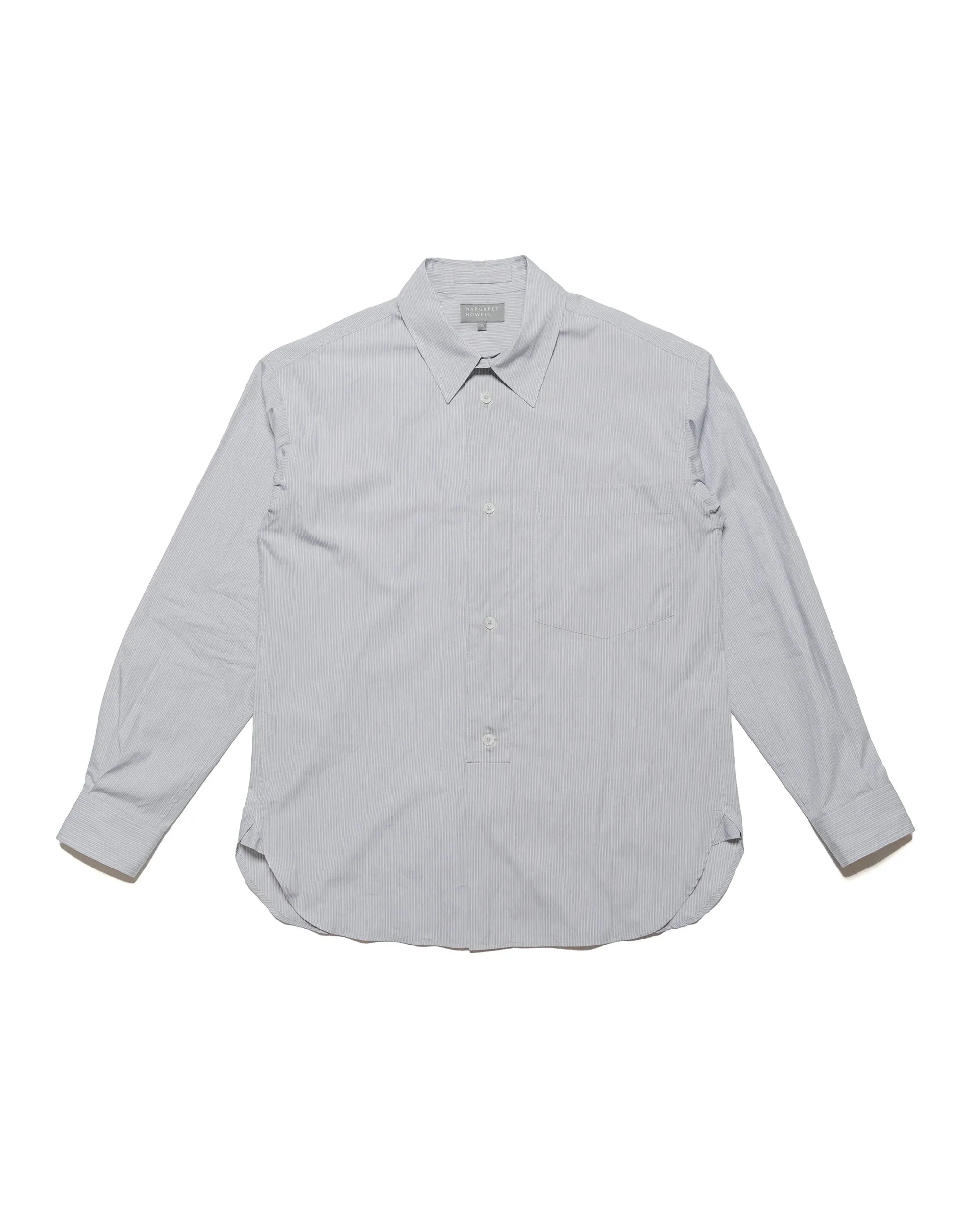 Margaret Howell Half Placket Shirt Fine Stripe Cotton Poplin Grey/White sold by Lost & Found