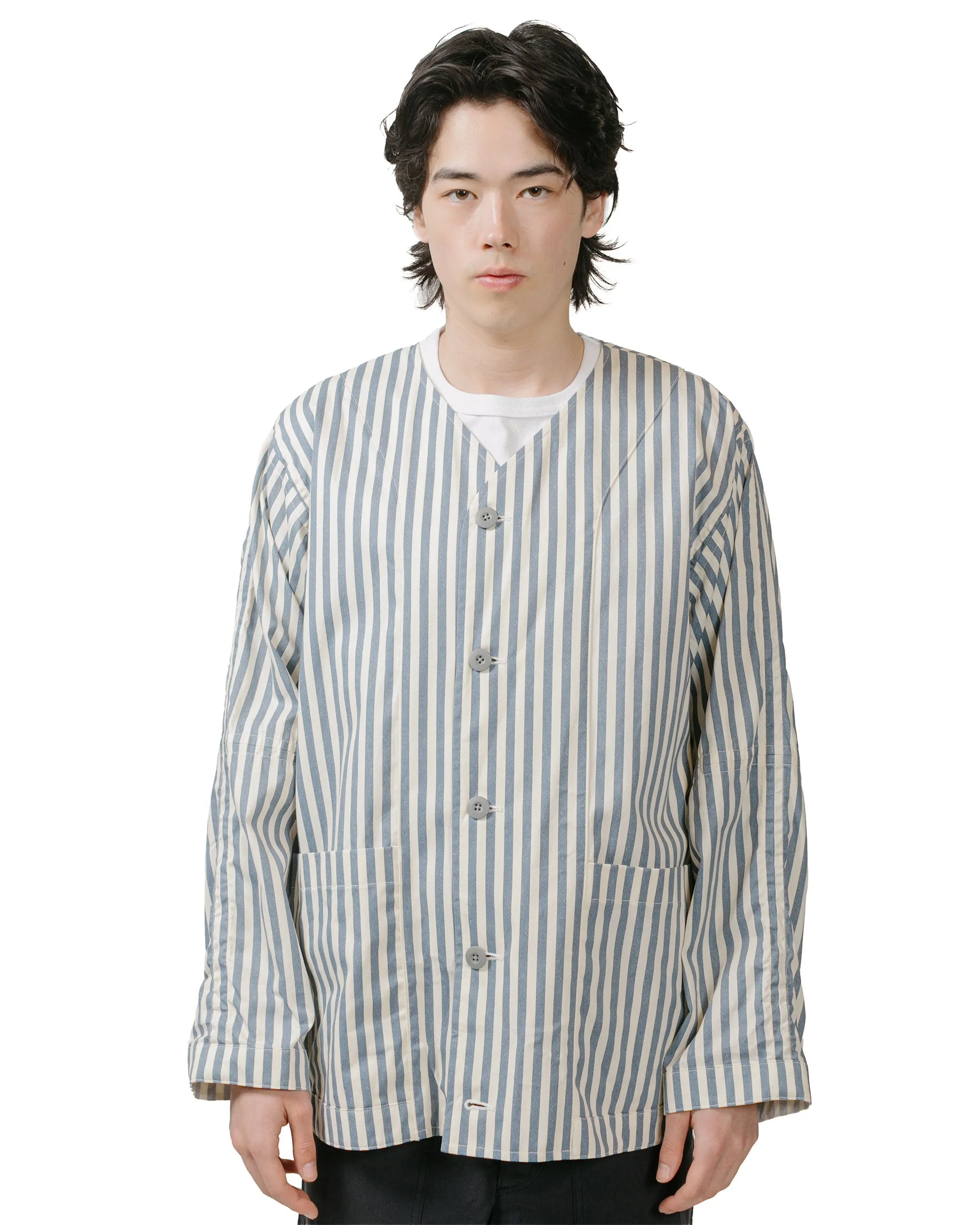 ts(s) Reversible Seam Taping Collarless Jacket Block Stripe Print Cotton Twill Cloth Blue sold by Lost & Found product image thumbnail 2