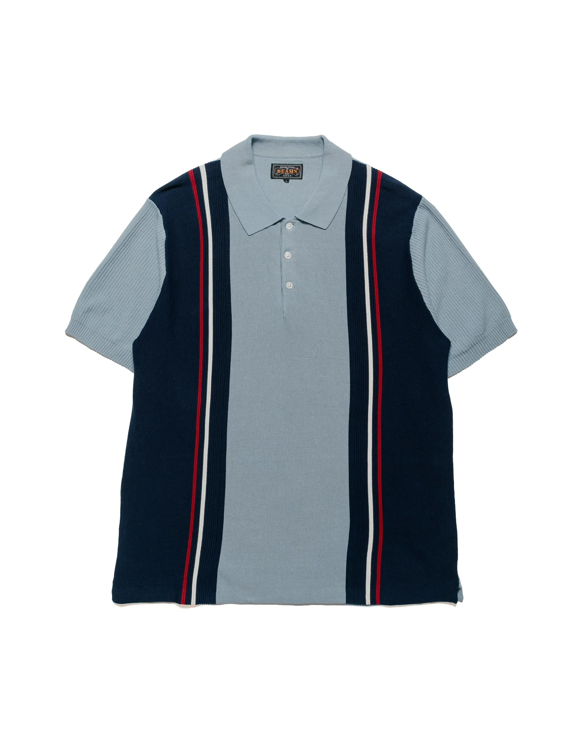 Beams Plus Knit Polo Stripe Sax sold by Lost & Found