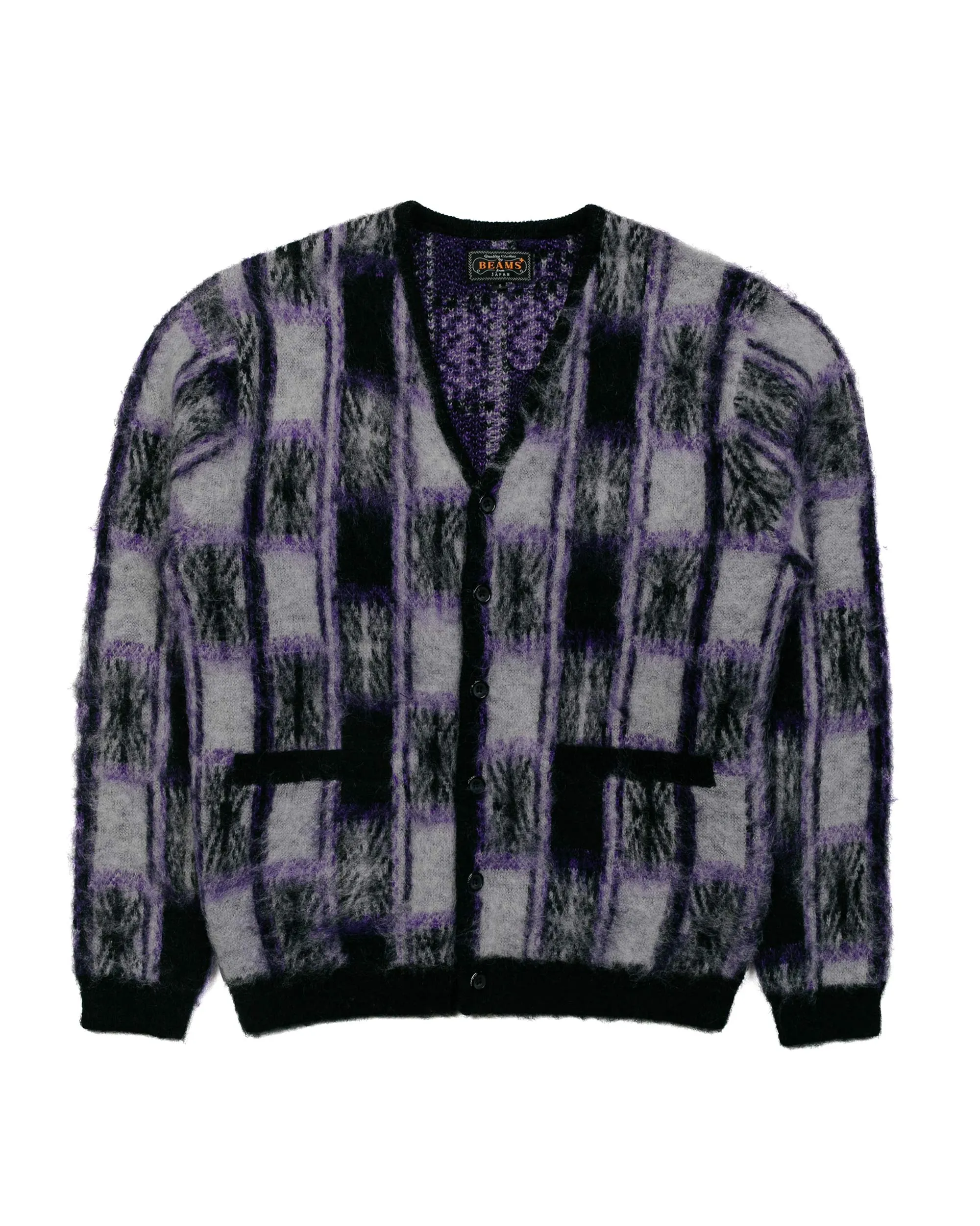 Beams Plus Cardigan Double Jacquard Check Pattern Black sold by Lost & Found