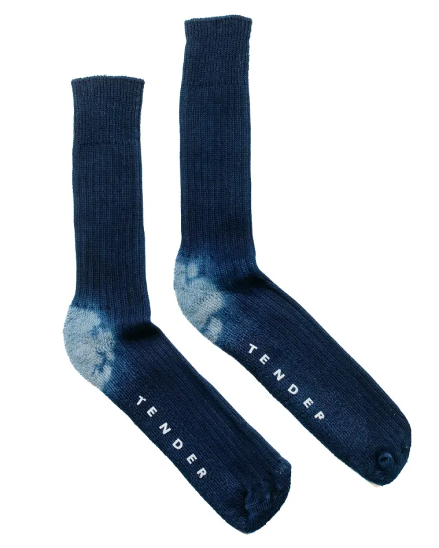 Tender Rib Calf Socks Cotton Achilles' Heel Indigo Dyed sold by Lost & Found