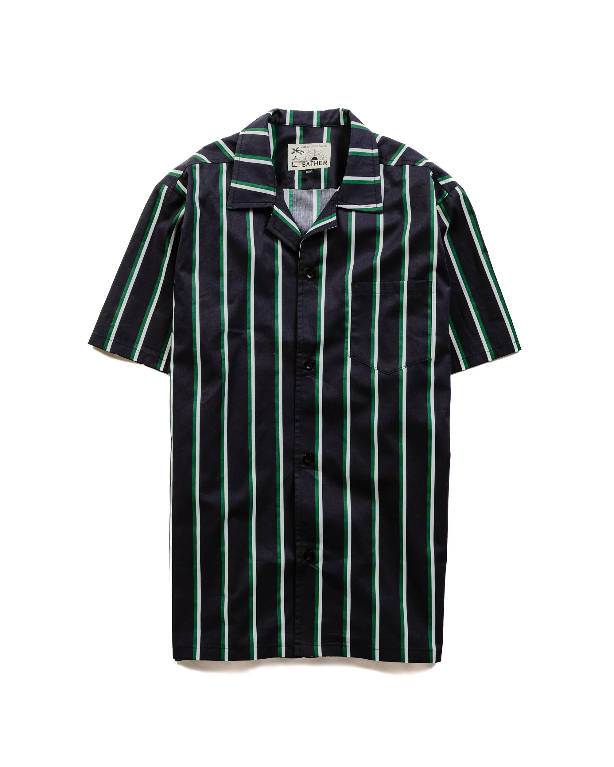 Bather Green & White Fine Stripe Camp Shirt sold by Lost & Found