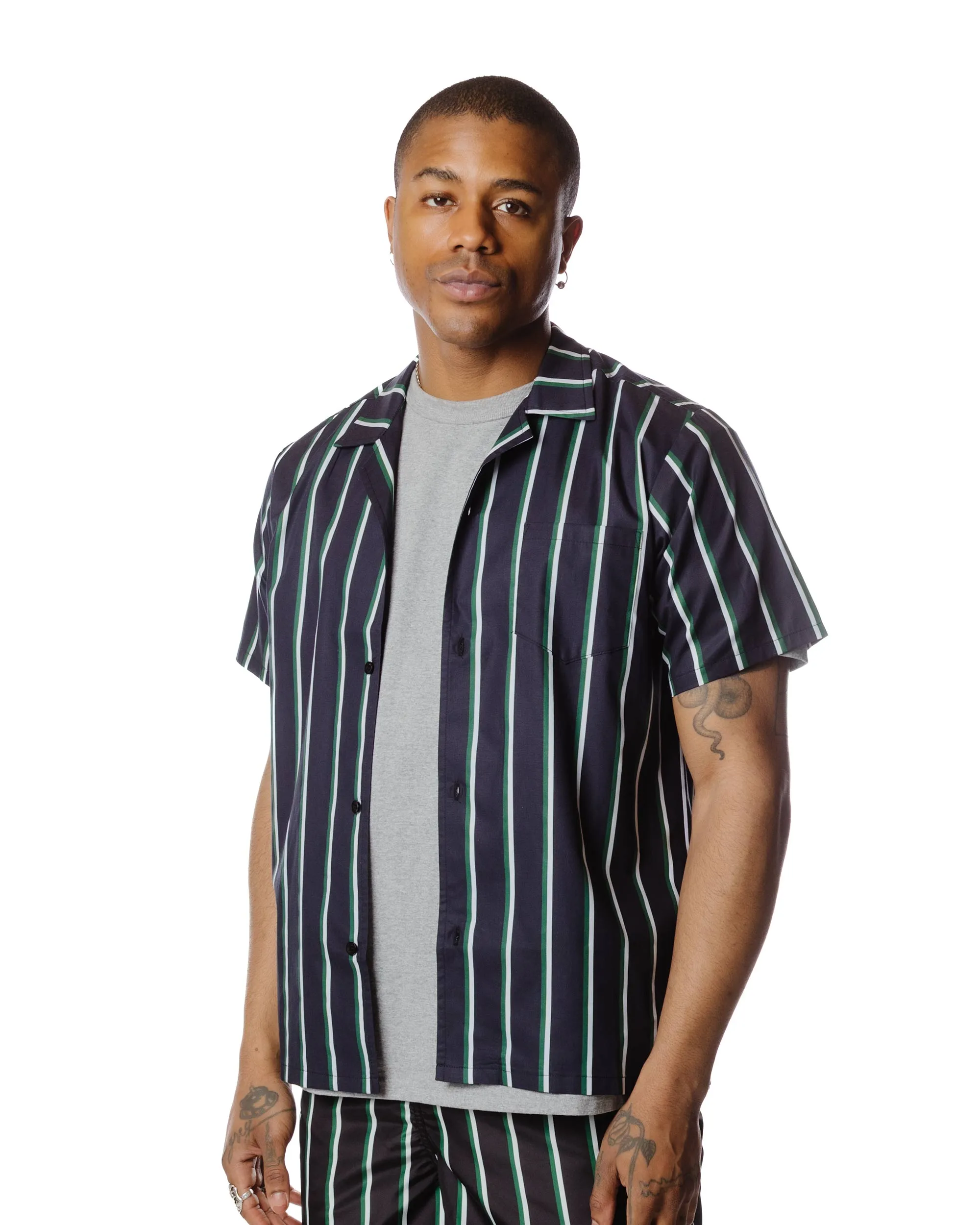 Bather Green & White Fine Stripe Camp Shirt sold by Lost & Found product image thumbnail 3
