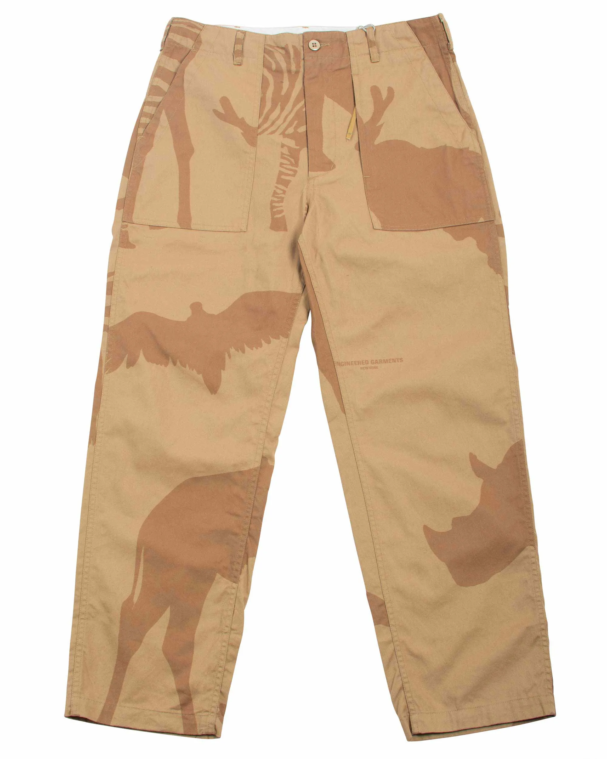Engineered Garments Fatigue Pant Khaki Animal Print Cotton Flat Twill sold by Lost & Found