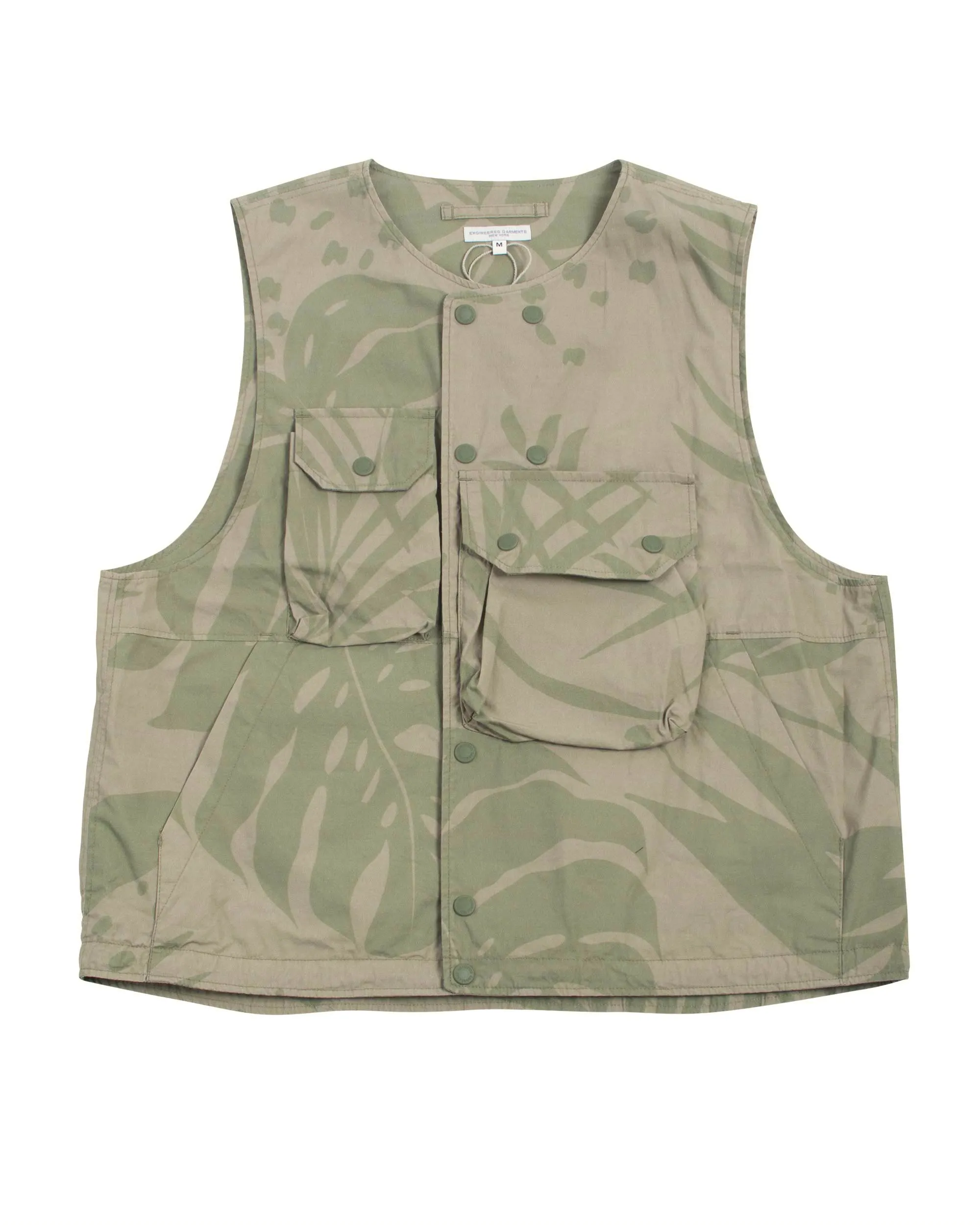 Engineered Garments Cover Vest Khaki Olive Leaf Print Cotton Poplin sold by Lost & Found