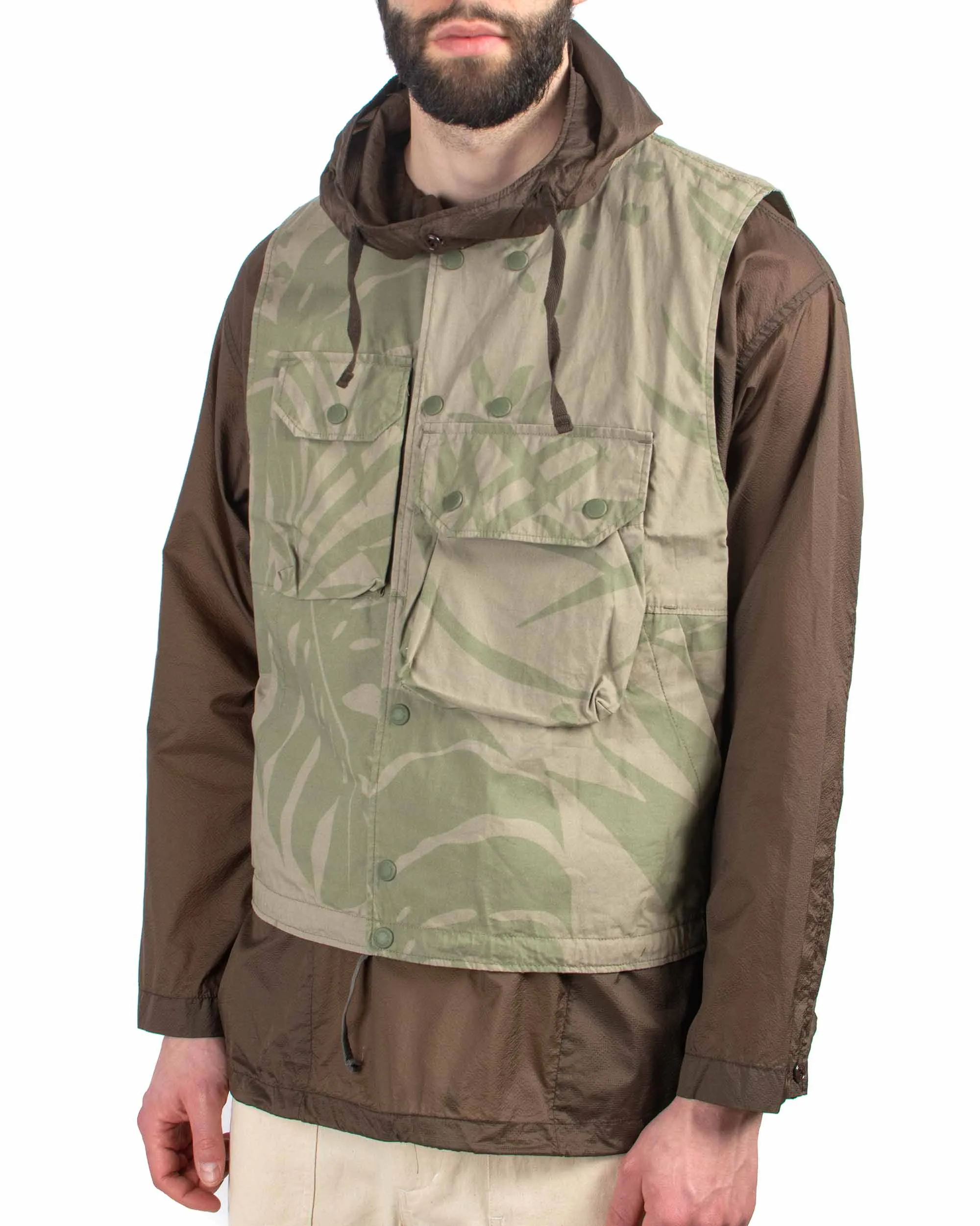 Engineered Garments Cover Vest Khaki Olive Leaf Print Cotton Poplin sold by Lost & Found product image thumbnail 4