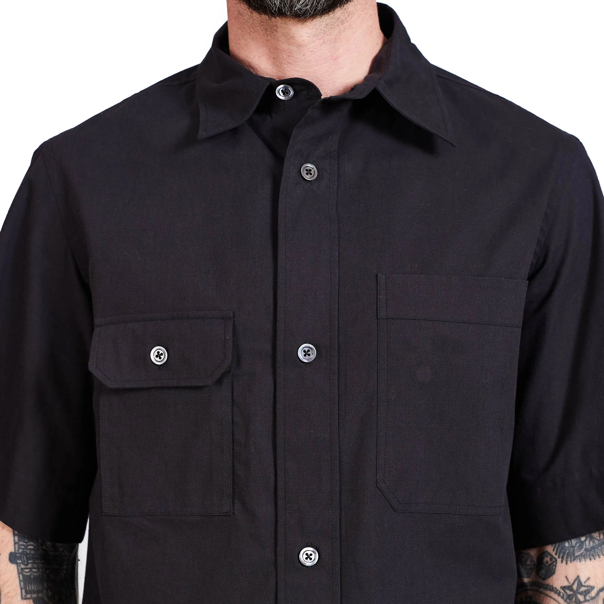 Margaret Howell Short Sleeve Odd Pocket Shirt Dense Cotton End On End Black sold by Lost & Found product image thumbnail 3