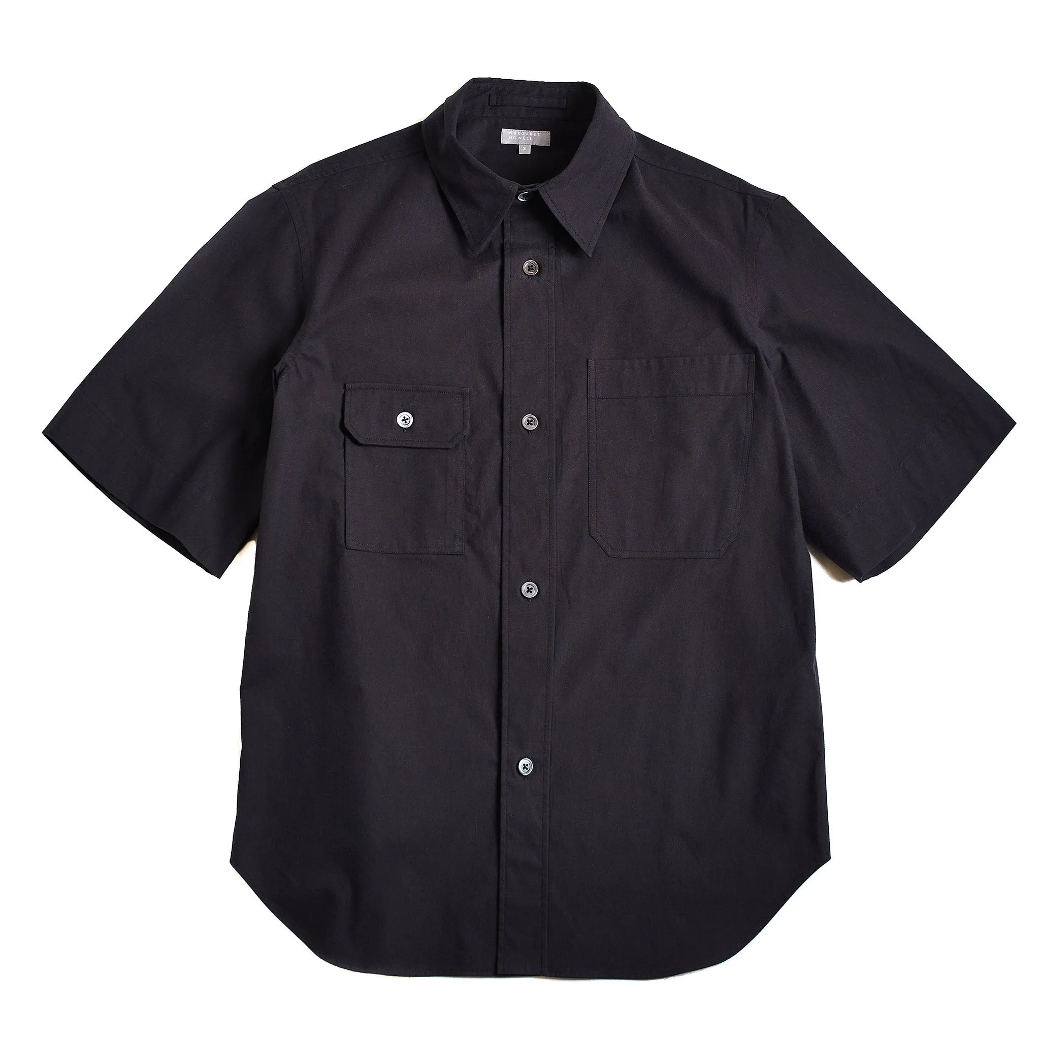 Margaret Howell Short Sleeve Odd Pocket Shirt Dense Cotton End On End Black sold by Lost & Found