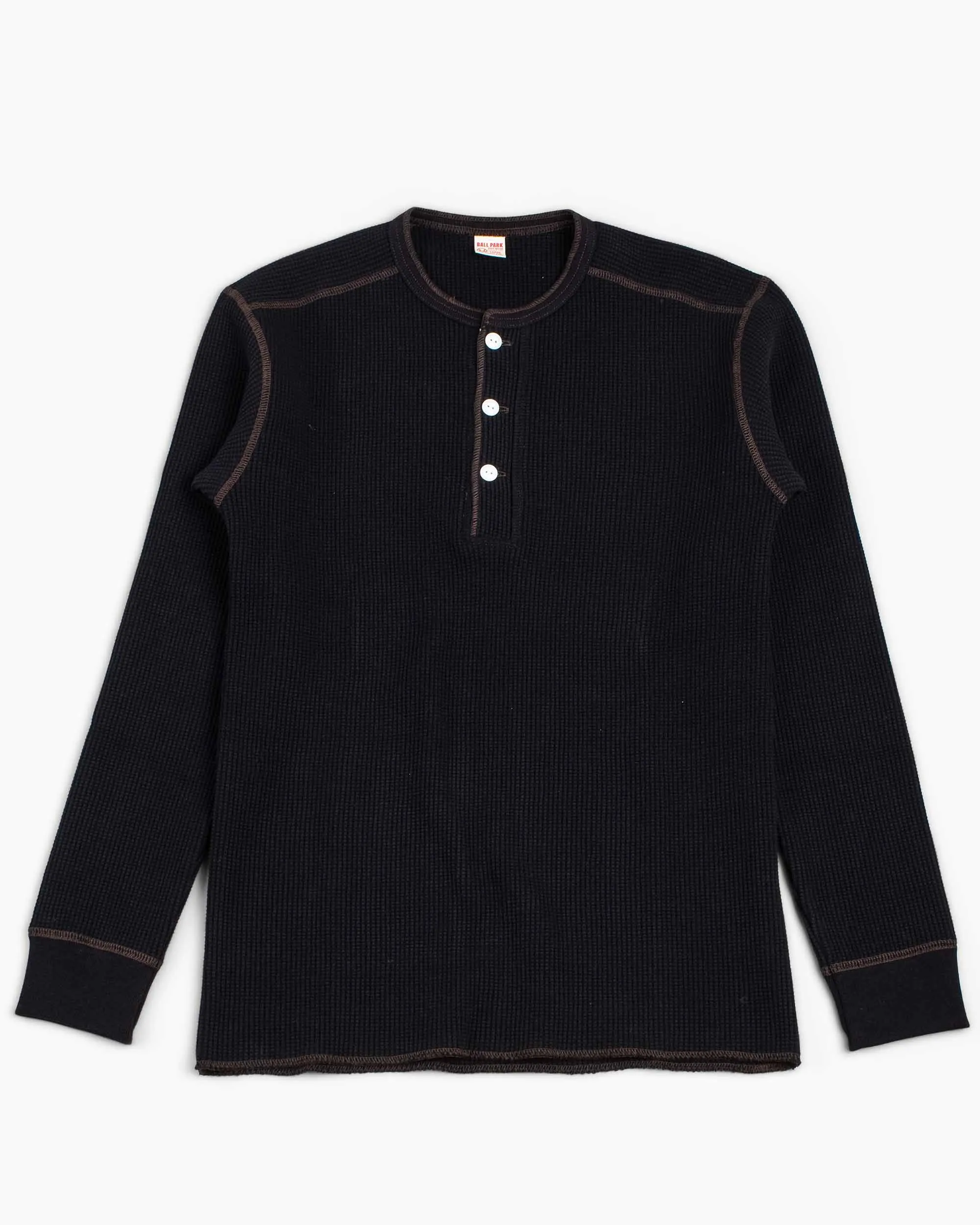 The Real McCoy's MC17117 Waffle Henley Shirt L/S Black sold by Lost & Found