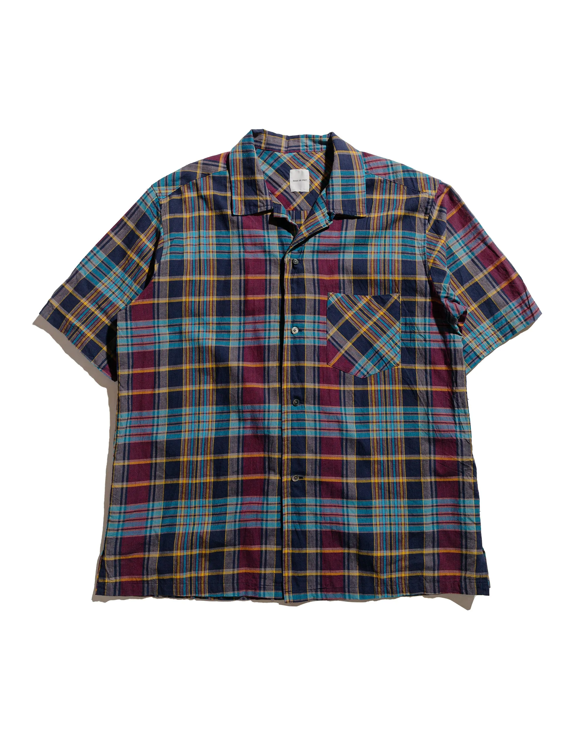 Sage de Cret Madras Check Short Sleeve Open Collar Shirt Wine sold by Lost & Found