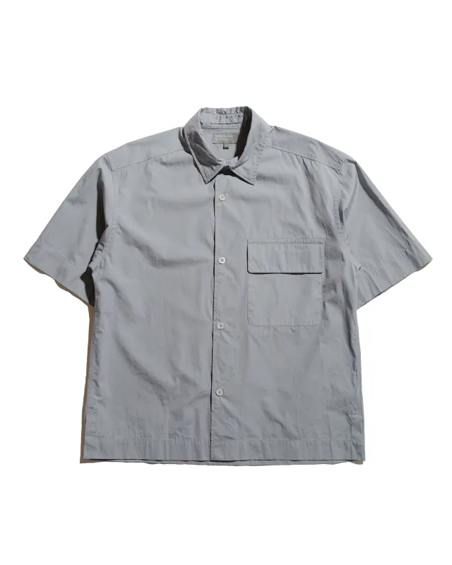 Margaret Howell Short Sleeve Flap Pocket Shirt Compact Cotton Plainweave Pewter sold by Lost & Found