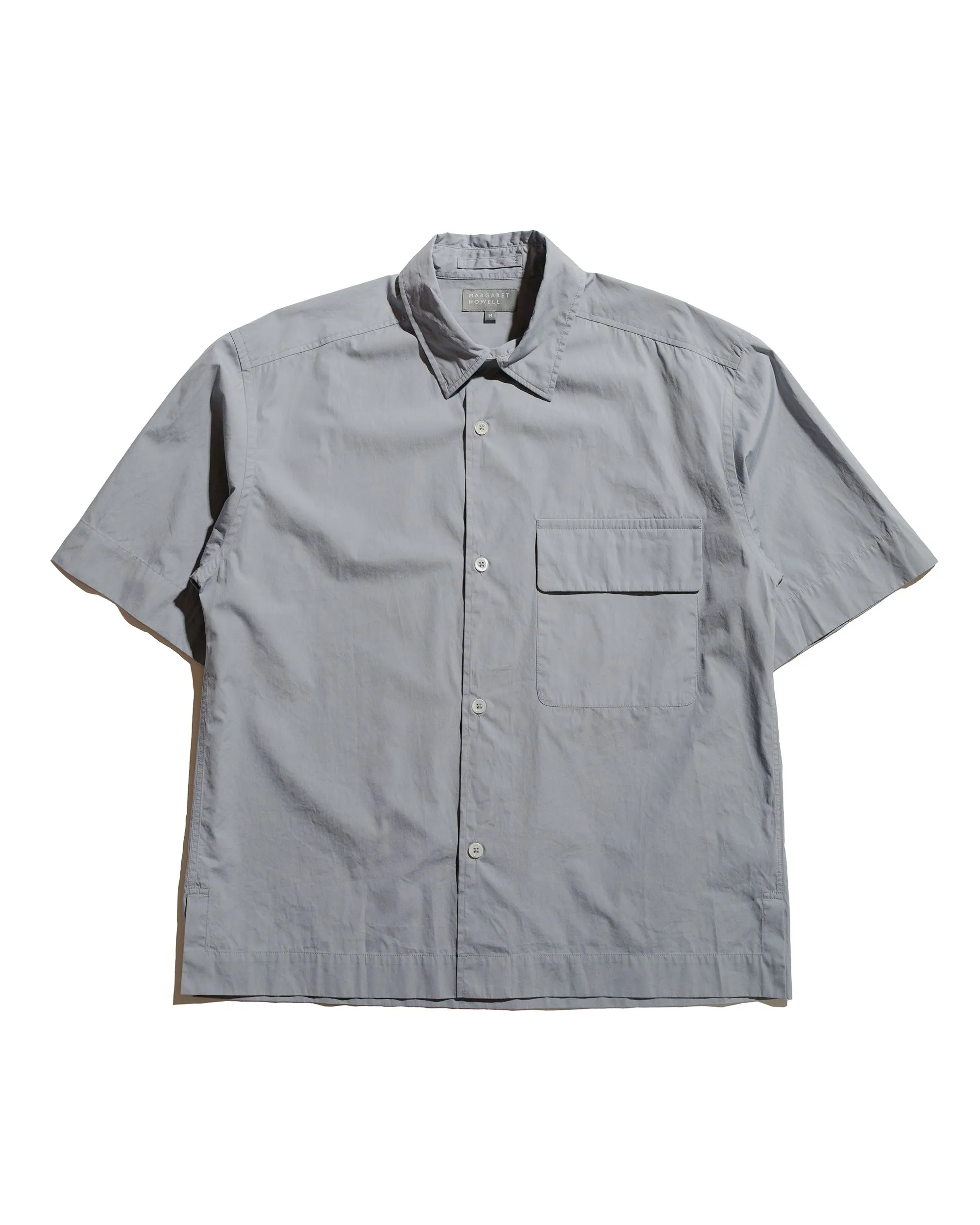 Margaret Howell Short Sleeve Flap Pocket Shirt Compact Cotton Plainweave Pewter sold by Lost & Found