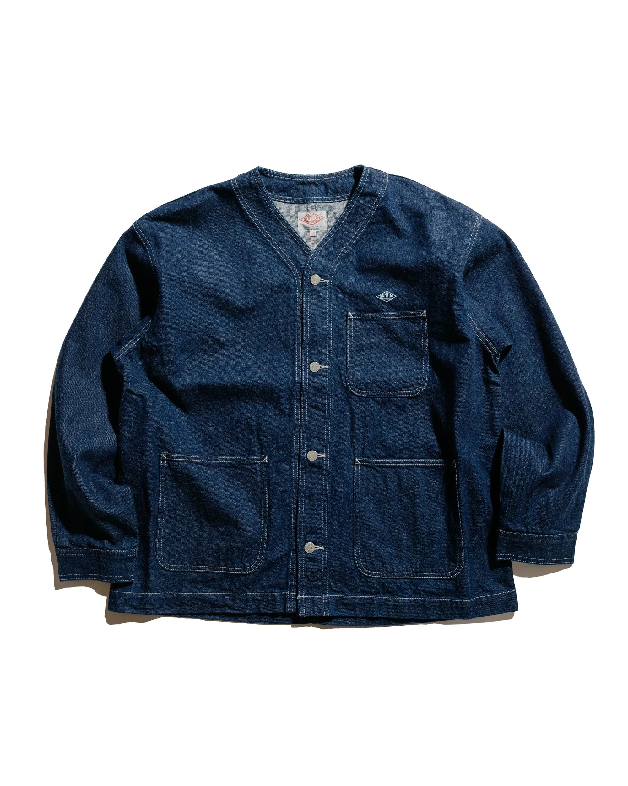 Danton 11oz Denim Collarless Jacket Indigo sold by Lost & Found