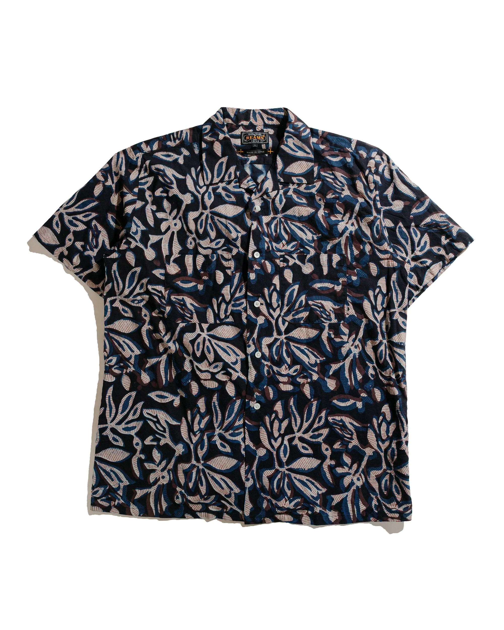 Beams Plus Open Collar Block Print Leaf Navy sold by Lost & Found