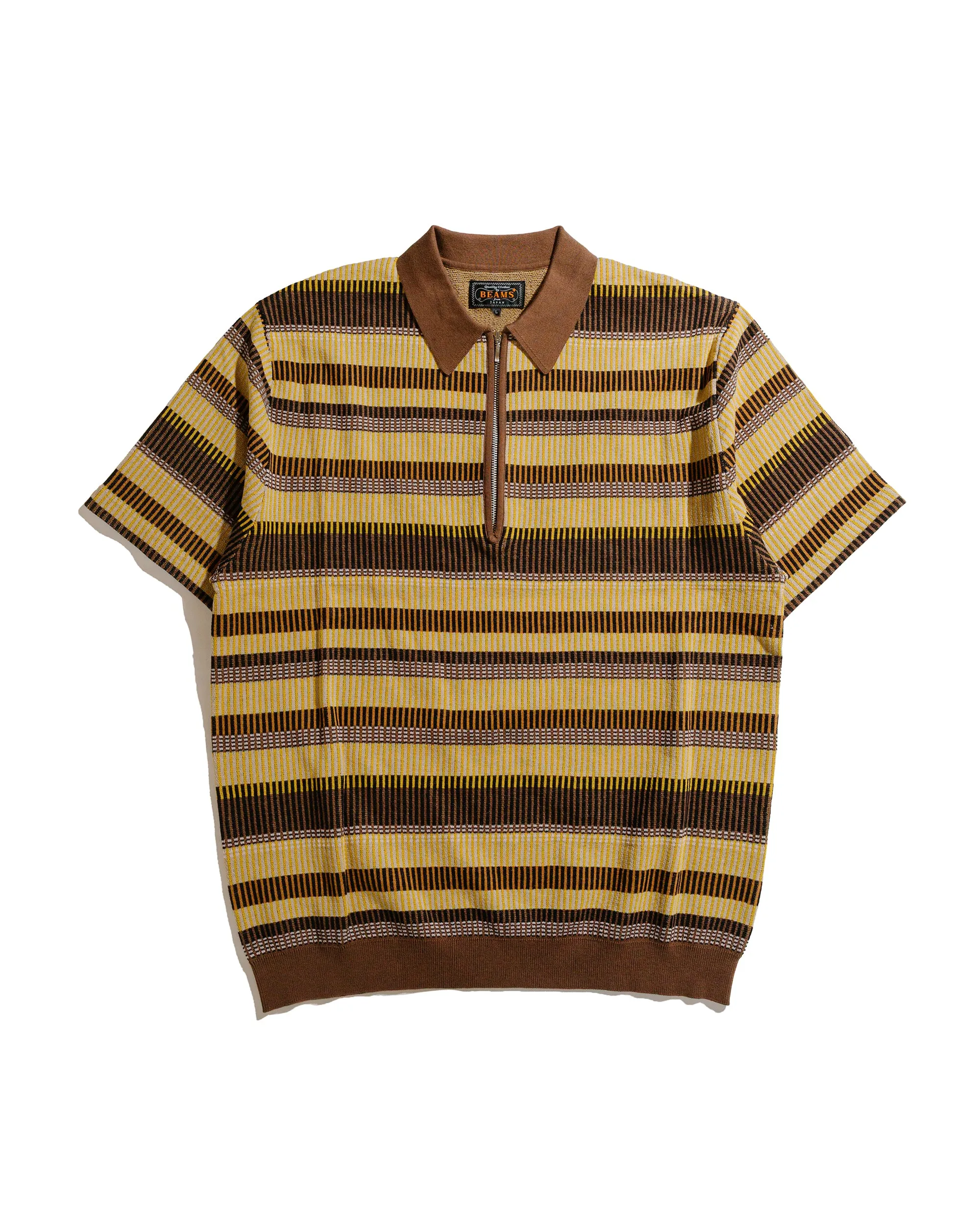 Beams Plus Half Zip Knit Polo Brown sold by Lost & Found