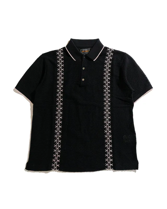 Beams Plus Knit Polo Mesh Stripe Black sold by Lost & Found