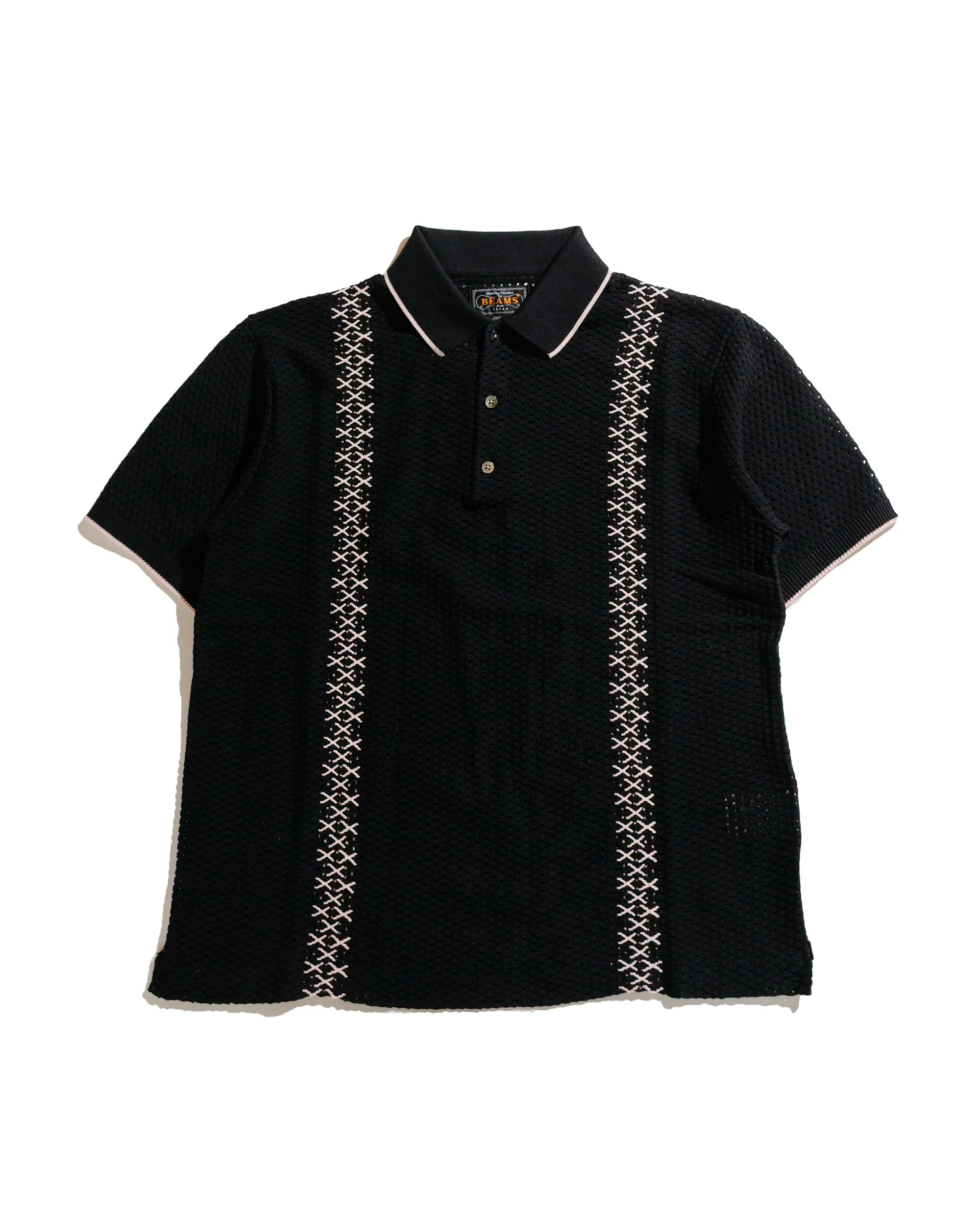 Beams Plus Knit Polo Mesh Stripe Black sold by Lost & Found