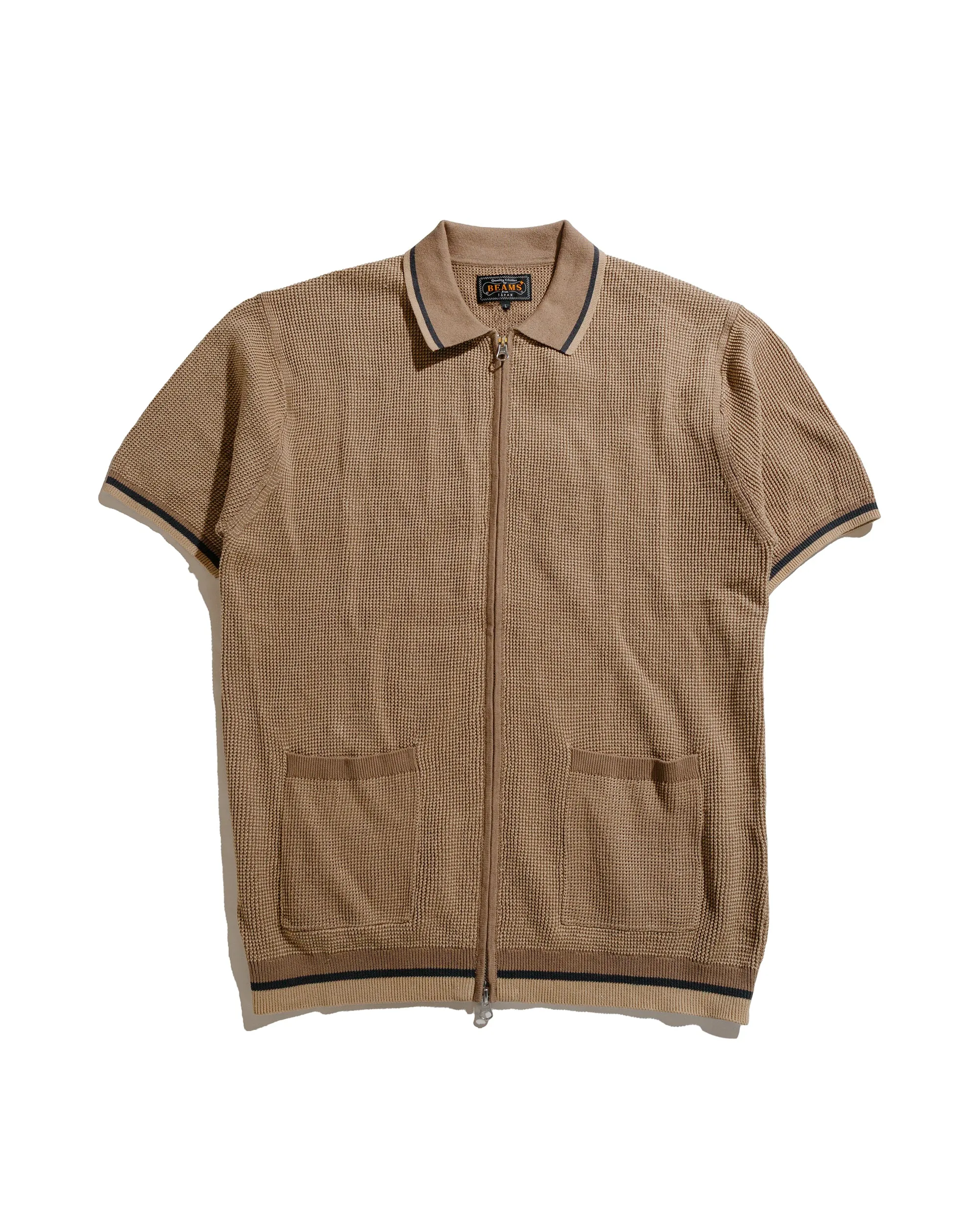 Beams Plus Zip Knit Polo Beige sold by Lost & Found