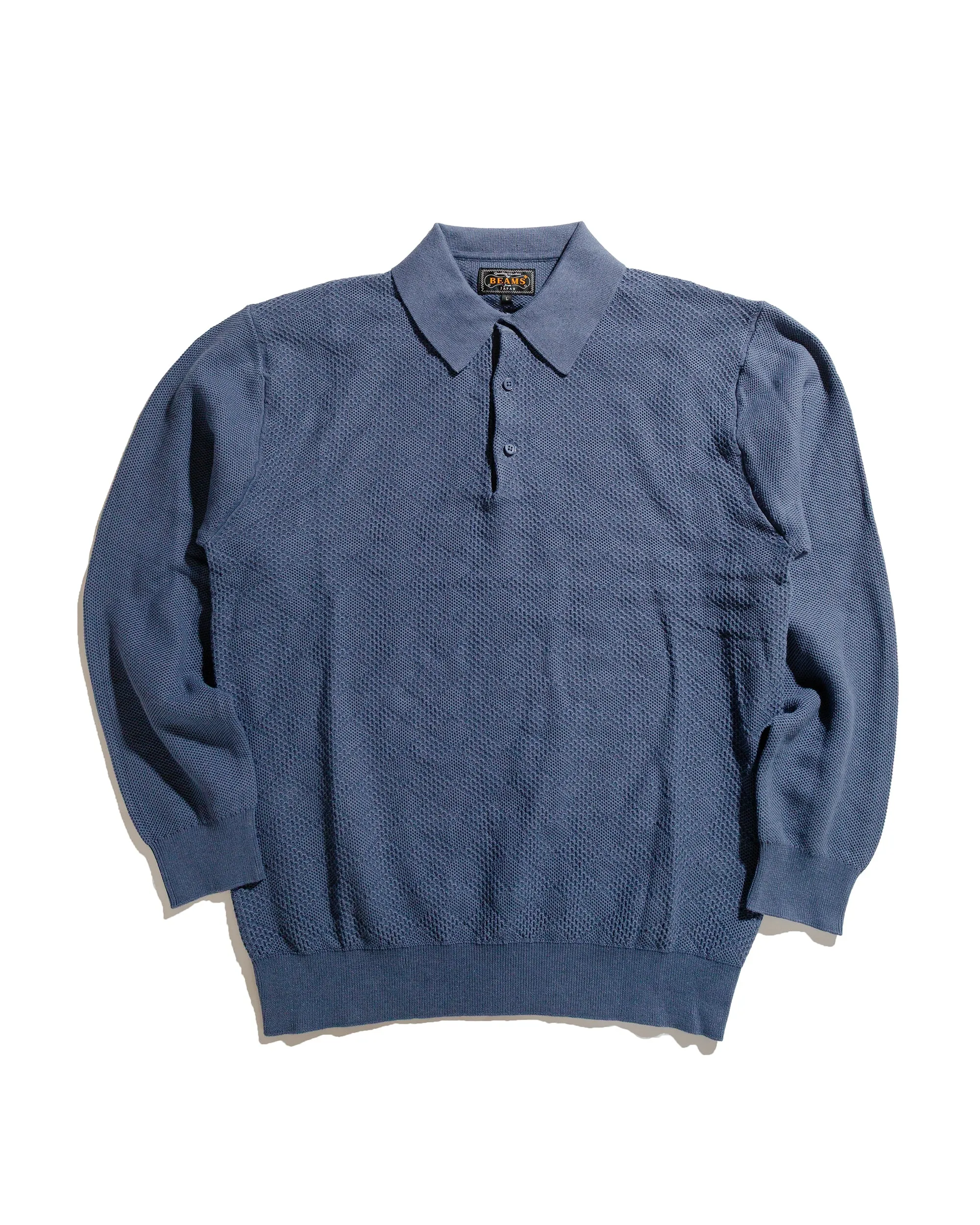 Beams Plus Knit Polo Diamond Pattern Blue sold by Lost & Found
