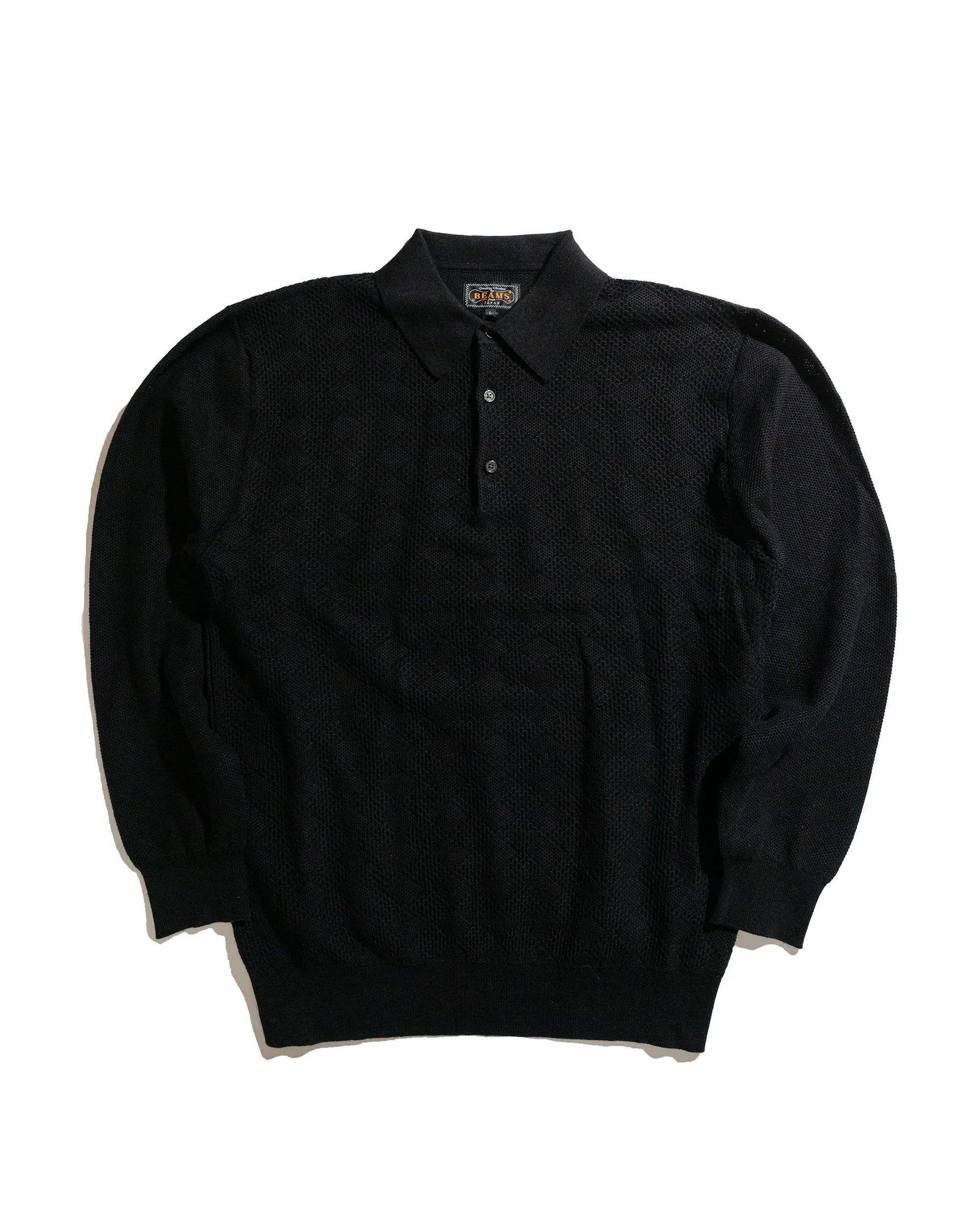 Beams Plus Knit Polo Diamond Pattern Black sold by Lost & Found