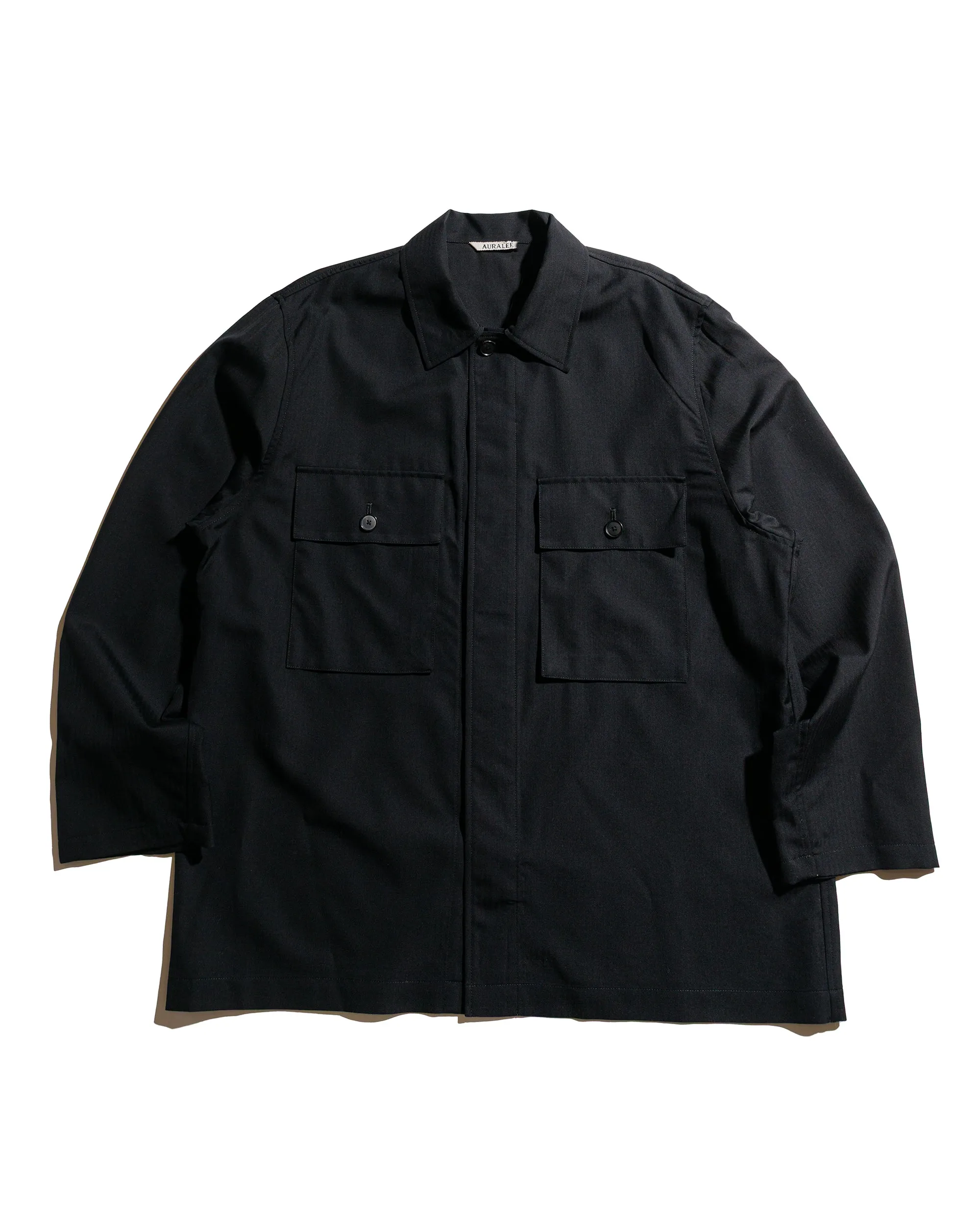 Auralee Wool Herringbone Over Shirt Black sold by Lost & Found