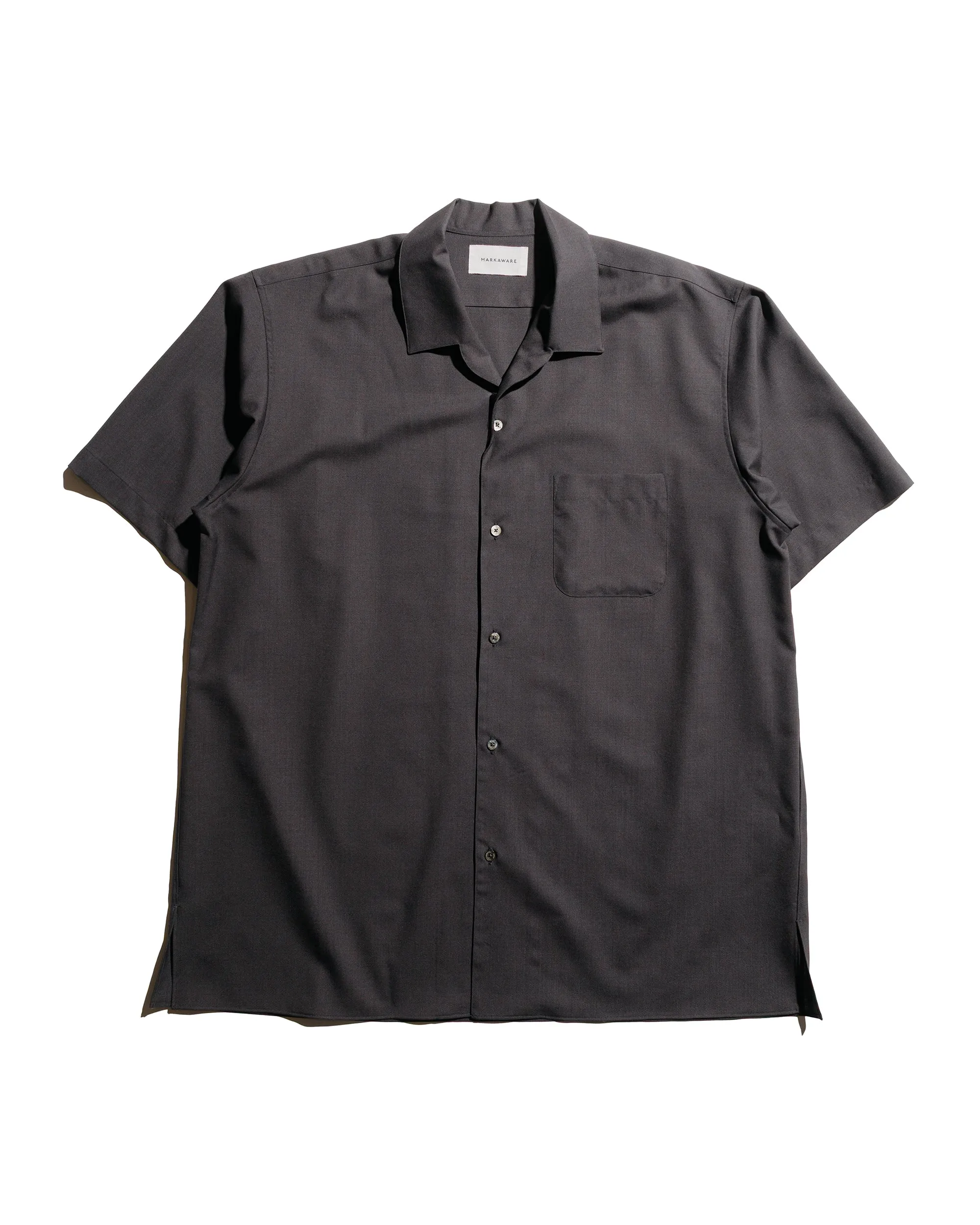 MARKAWARE Italian Open Collar S/S Shirt Organic Wool 2/80 Tropical Charcoal sold by Lost & Found
