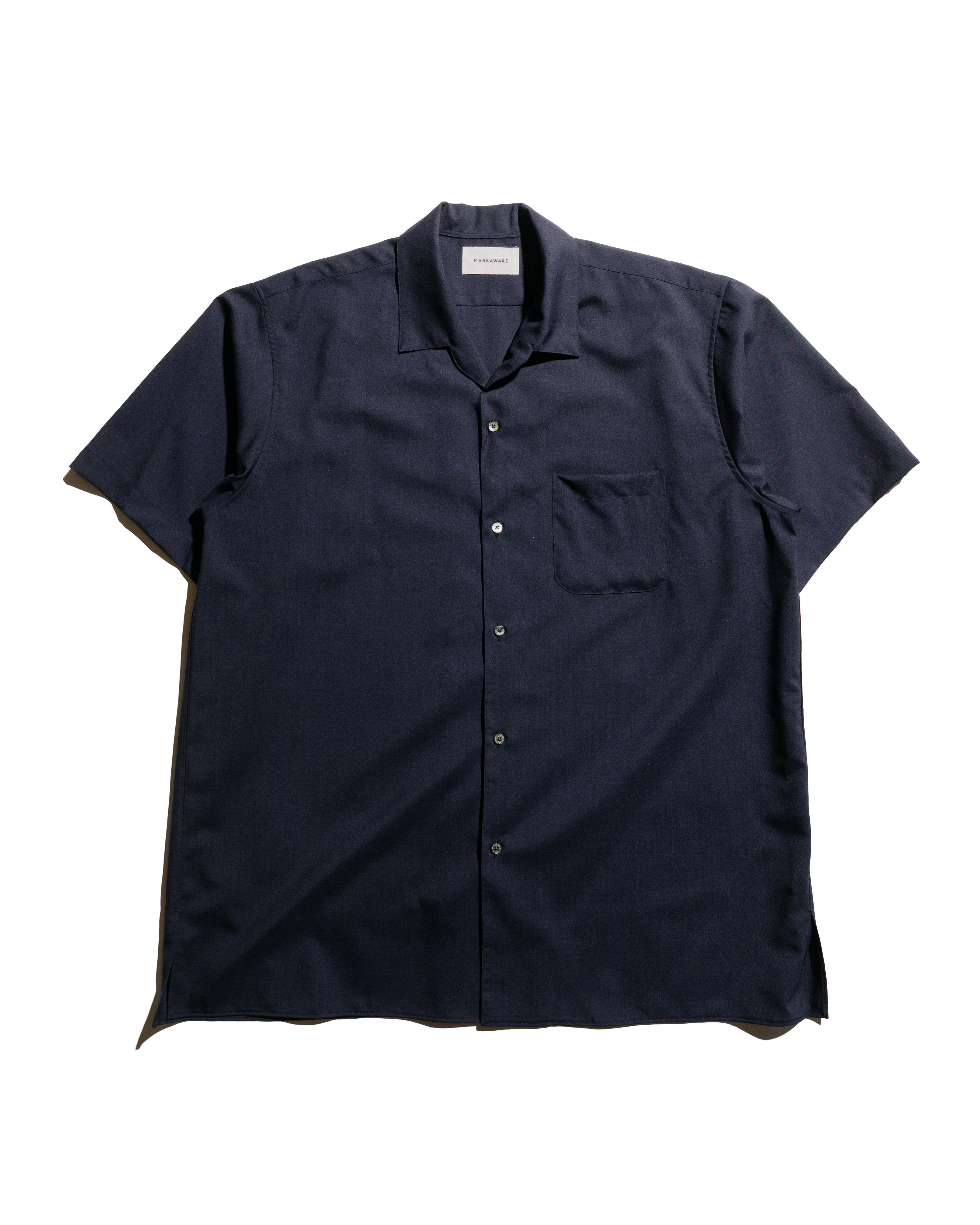 MARKAWARE Italian Open Collar S/S Shirt Organic Wool 2/80 Tropical Navy sold by Lost & Found