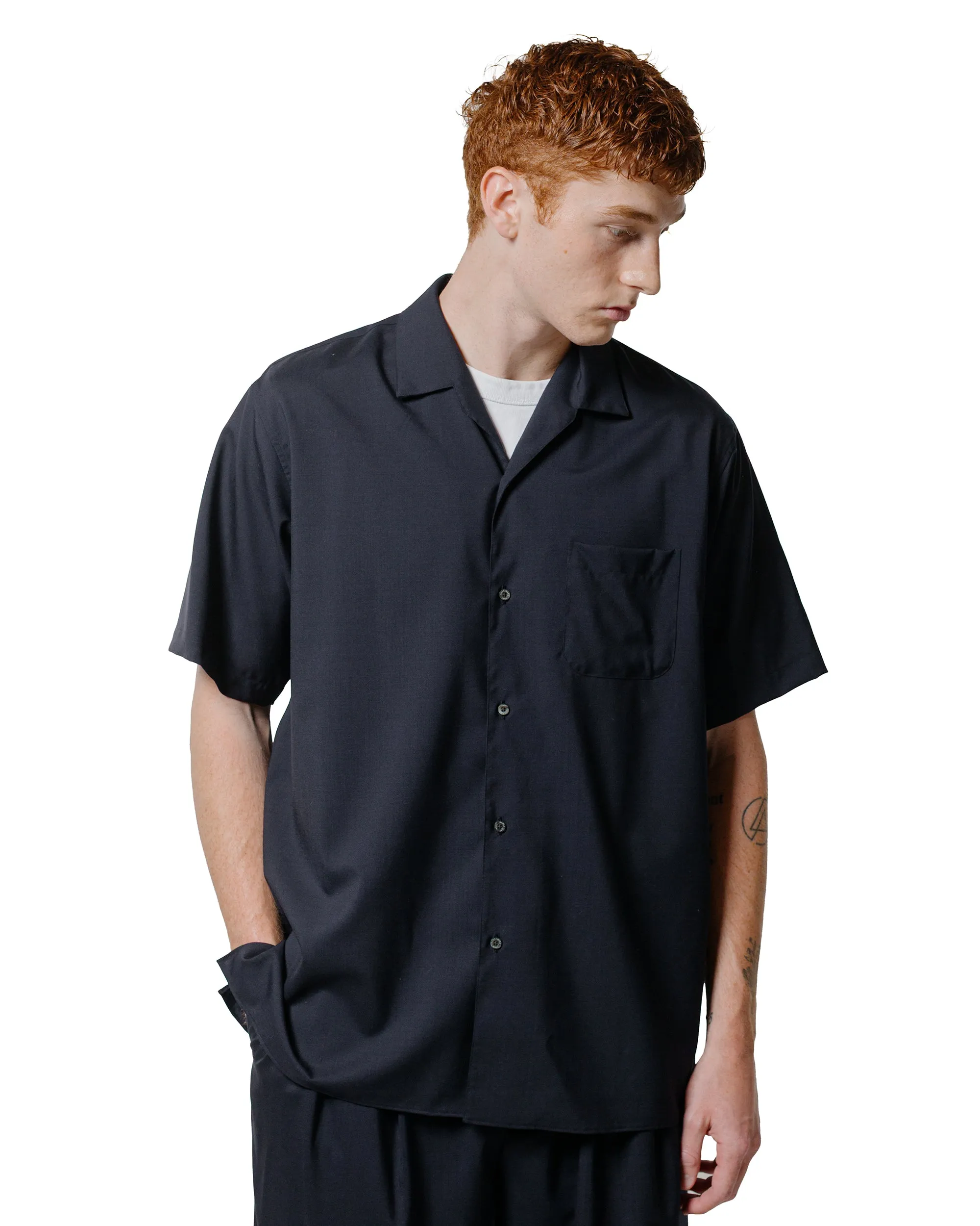 MARKAWARE Italian Open Collar S/S Shirt Organic Wool 2/80 Tropical Navy sold by Lost & Found product image thumbnail 2